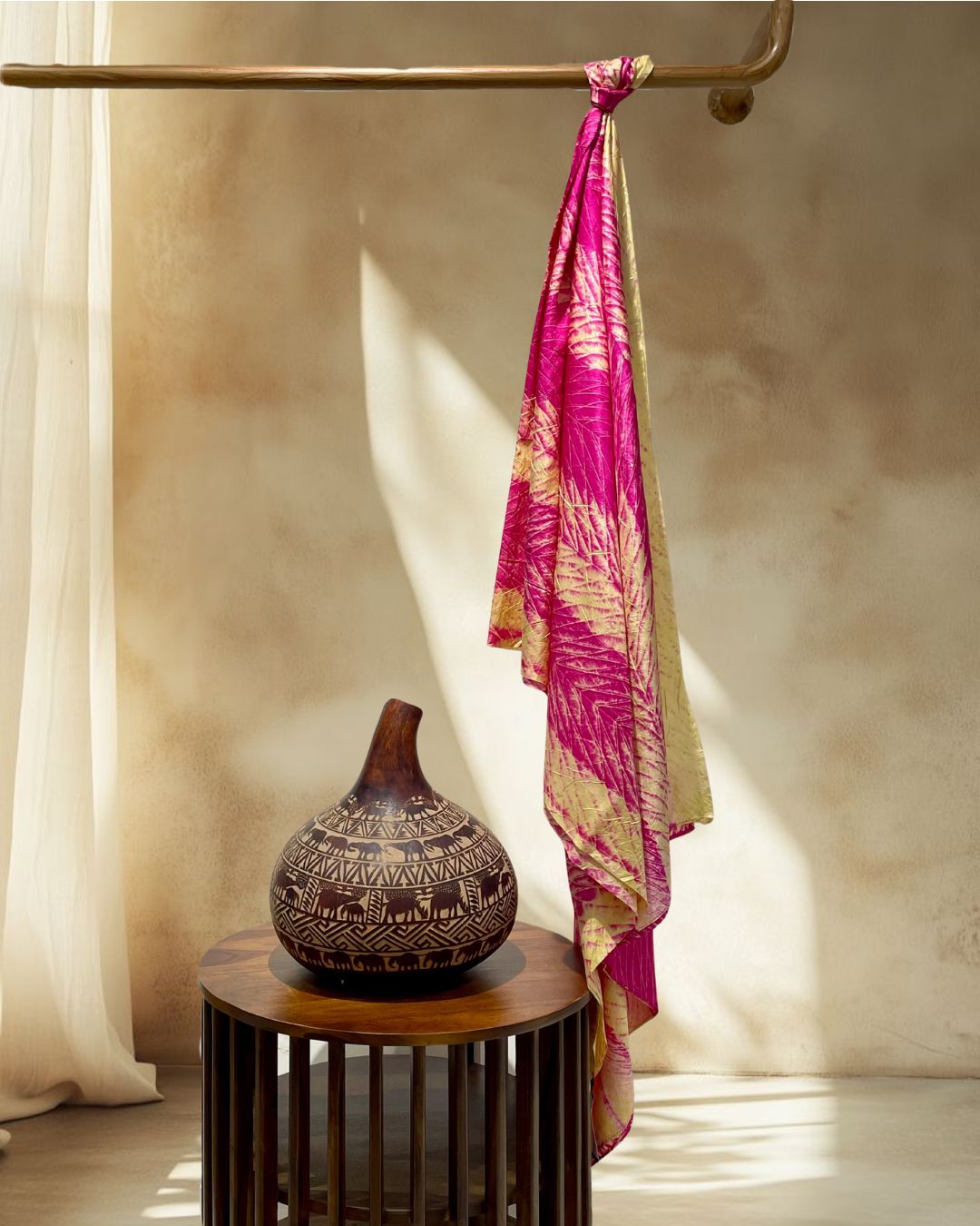 PINK-YELLOW SHIBORI SILK FABRIC