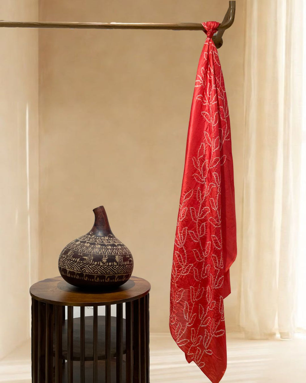 RED CENTER PANEL LEAF BANDHANI SILK FABRIC