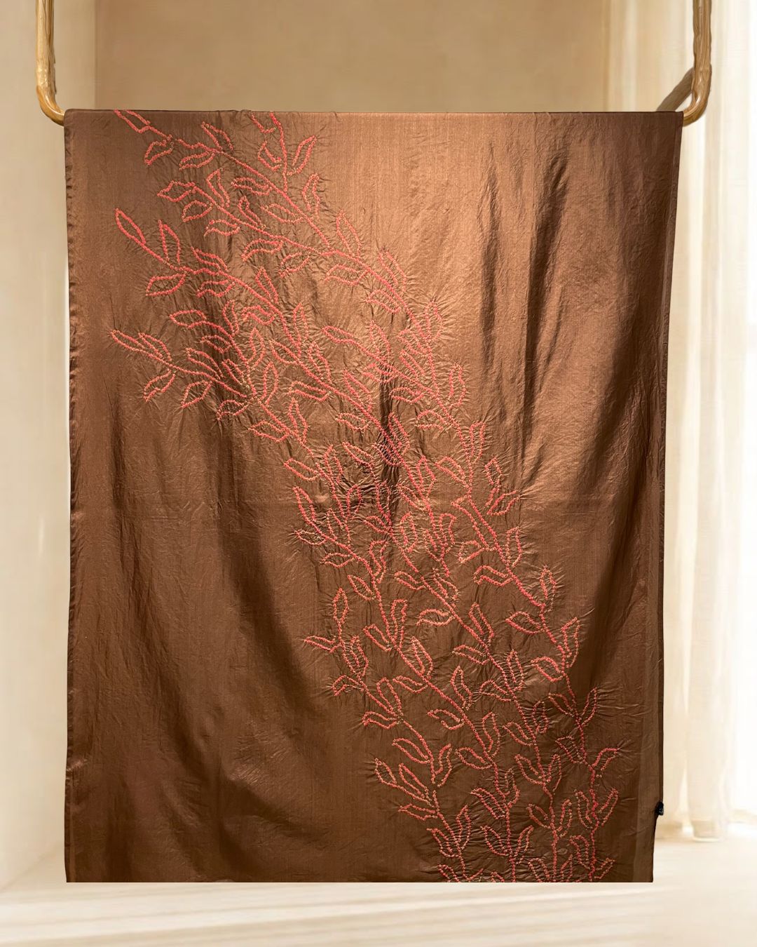 BROWN CENTER PANEL LEAF BANDHANI SILK FABRIC