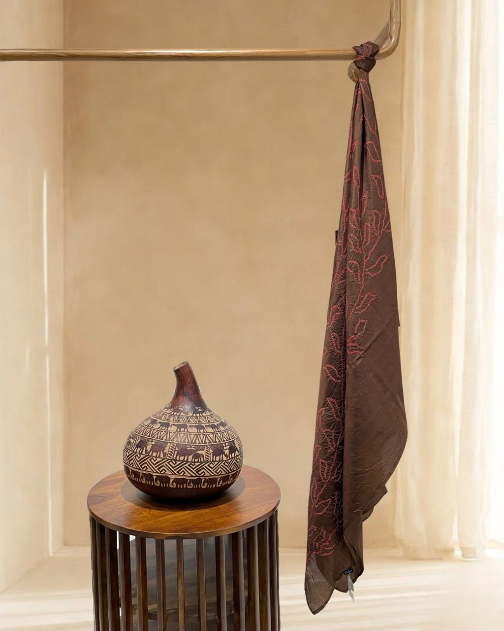 BROWN CENTER PANEL LEAF BANDHANI SILK FABRIC