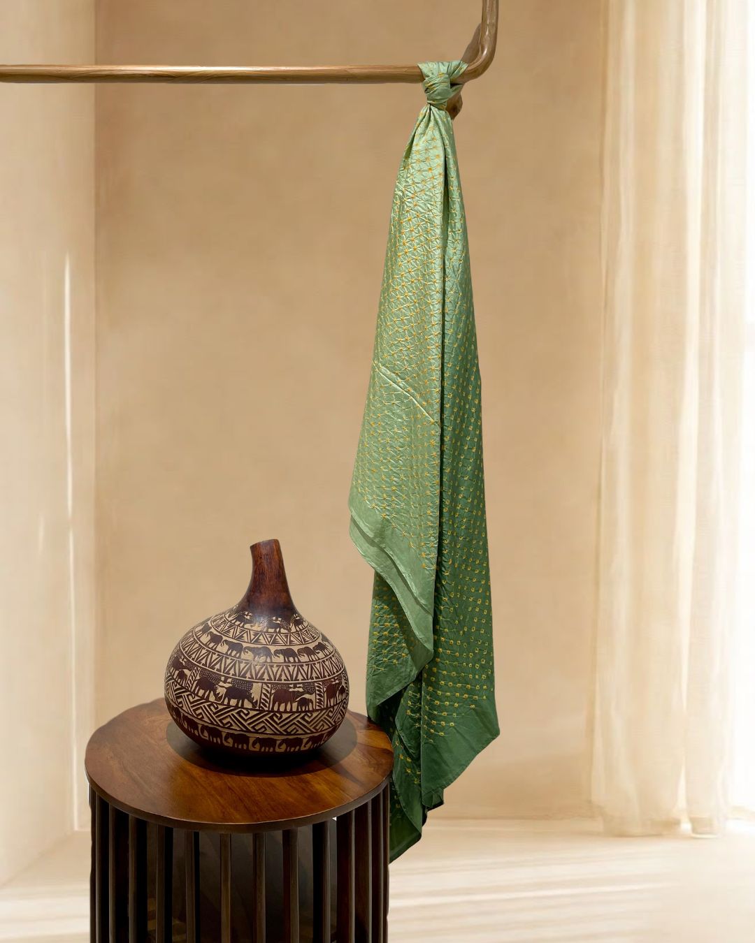 LIGHT GREEN ALL OVER DOT SILK BANDHANI FABRIC