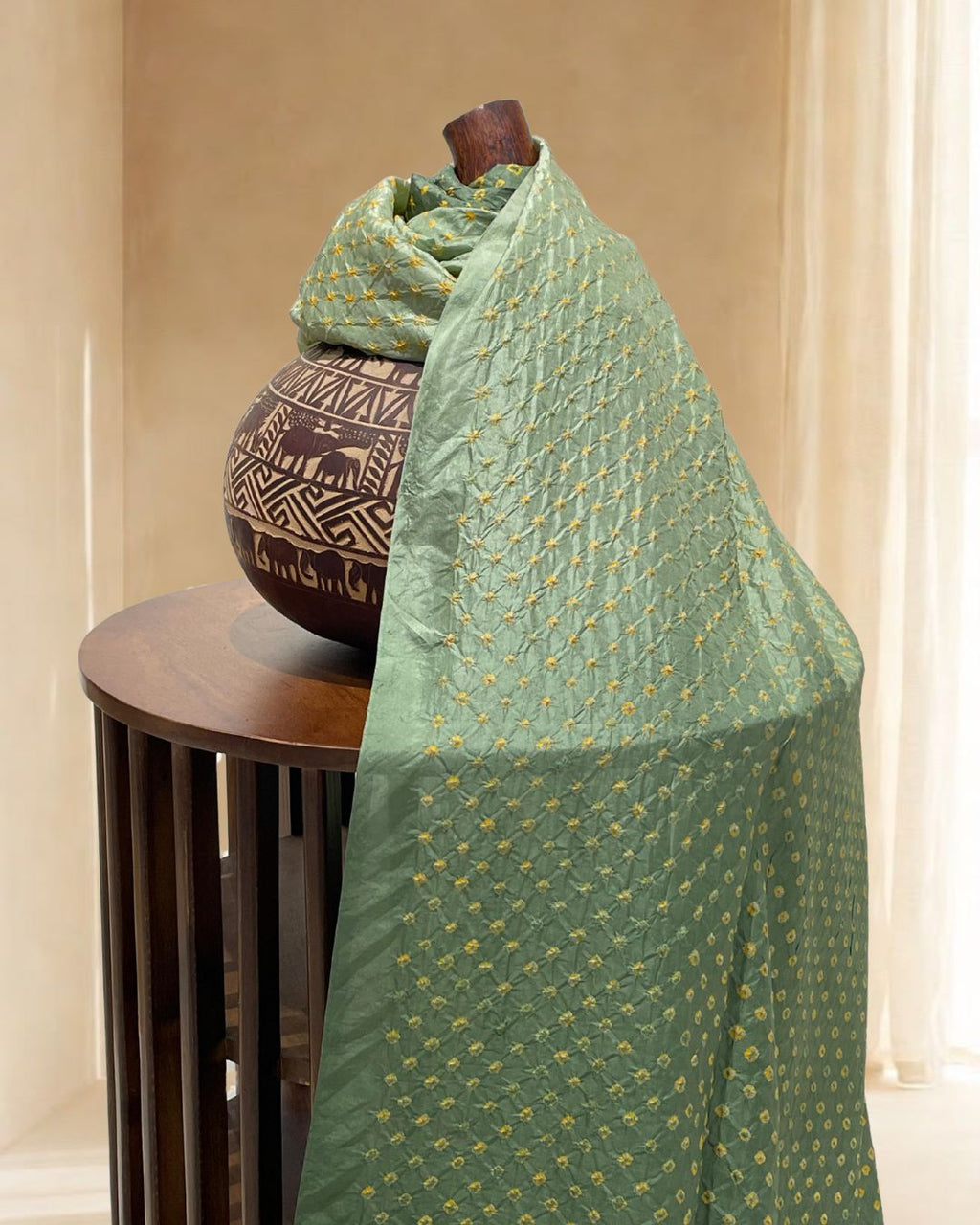 LIGHT GREEN ALL OVER DOT SILK BANDHANI FABRIC