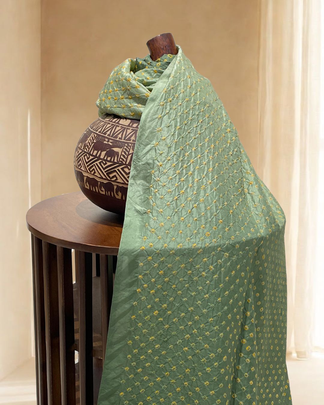 LIGHT GREEN ALL OVER DOT SILK BANDHANI FABRIC