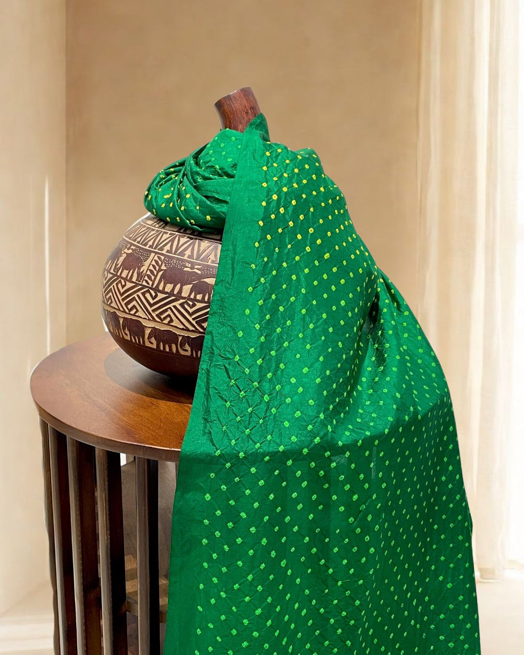 GREEN OVER ALL DOT SILK BANDHANI FABRIC