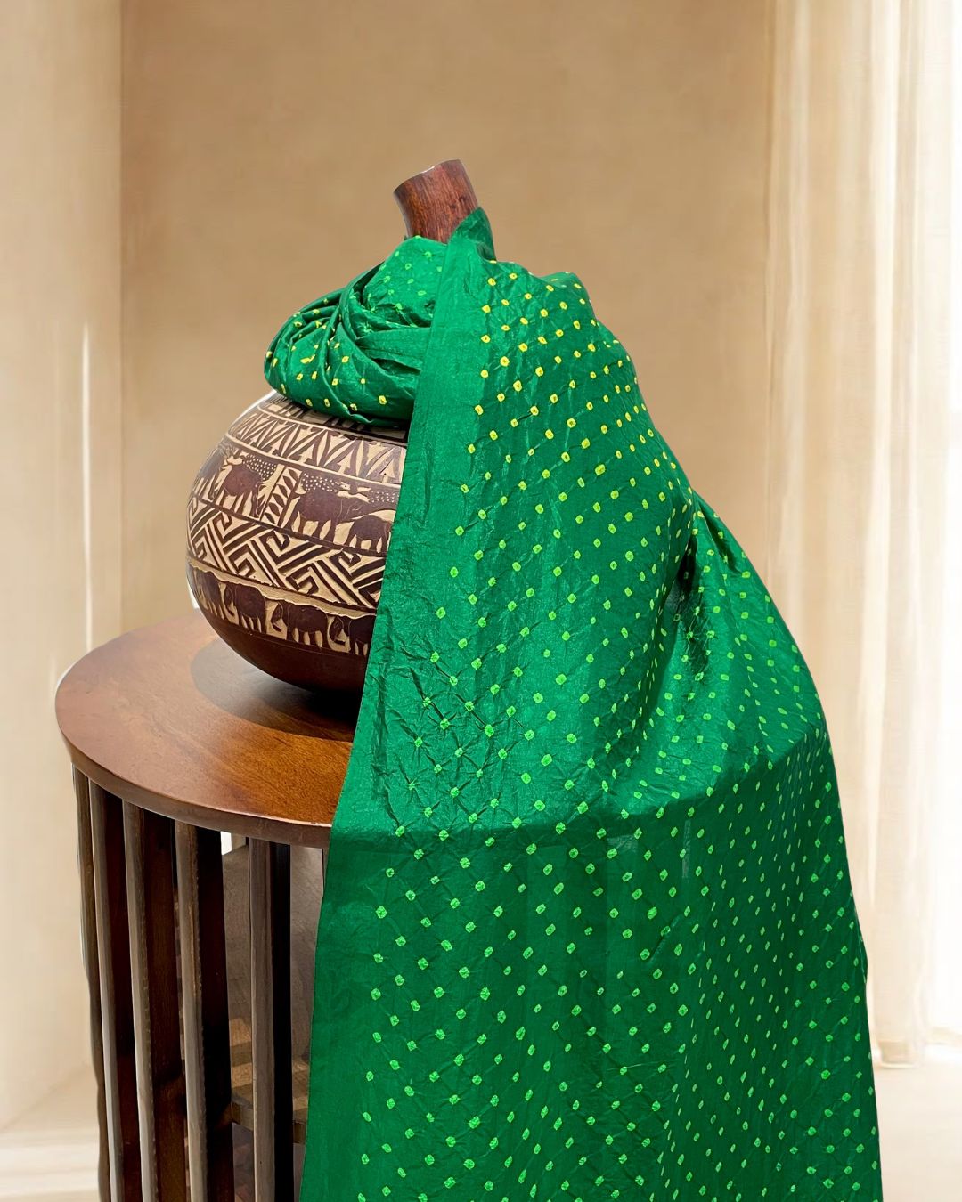 GREEN OVER ALL DOT SILK BANDHANI FABRIC