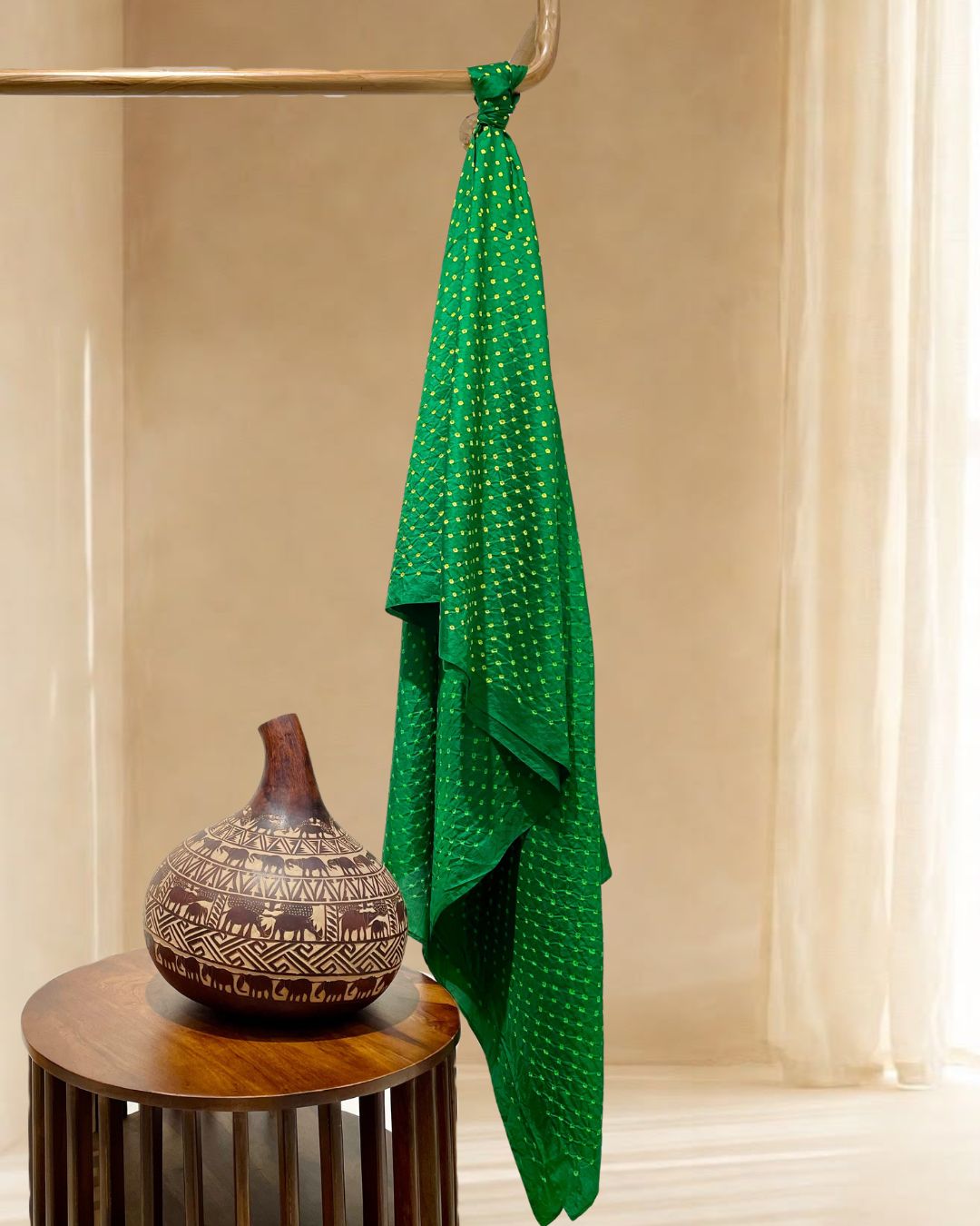 GREEN OVER ALL DOT SILK BANDHANI FABRIC