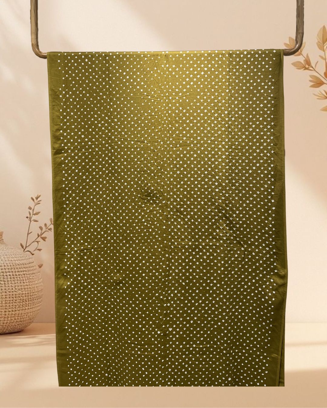 MUSTARD GREEN OVERALL DOT COTTON BANDHANI FABRIC-4m