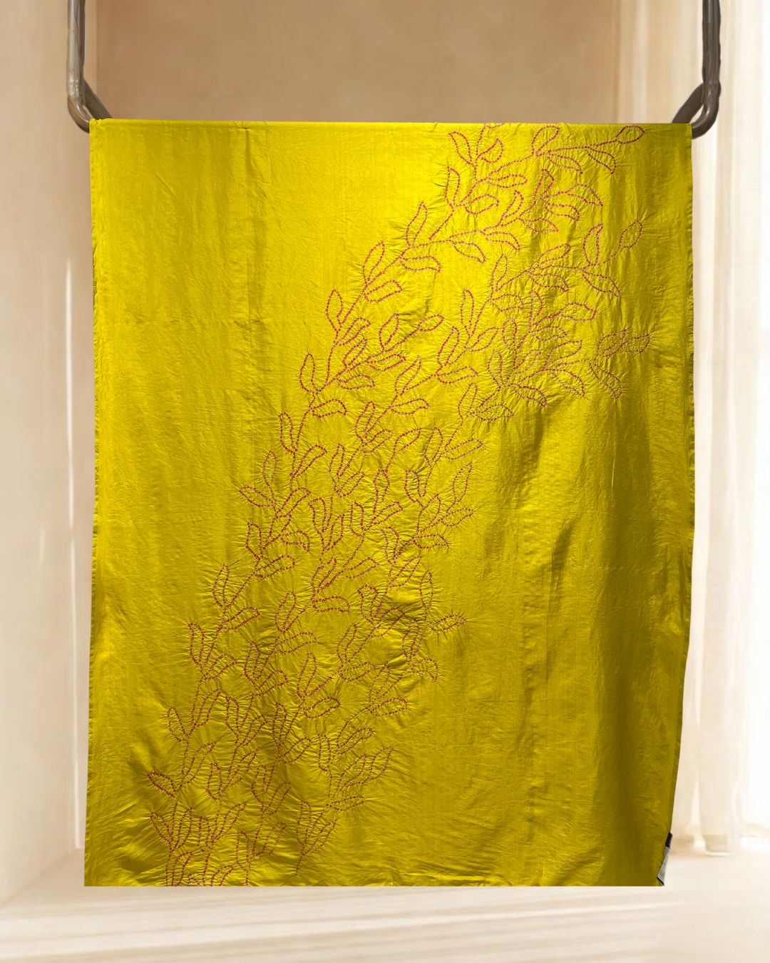 MUSTARD YELLOW CENTRE PANEL LEAF BANDHANI SILK FABRIC