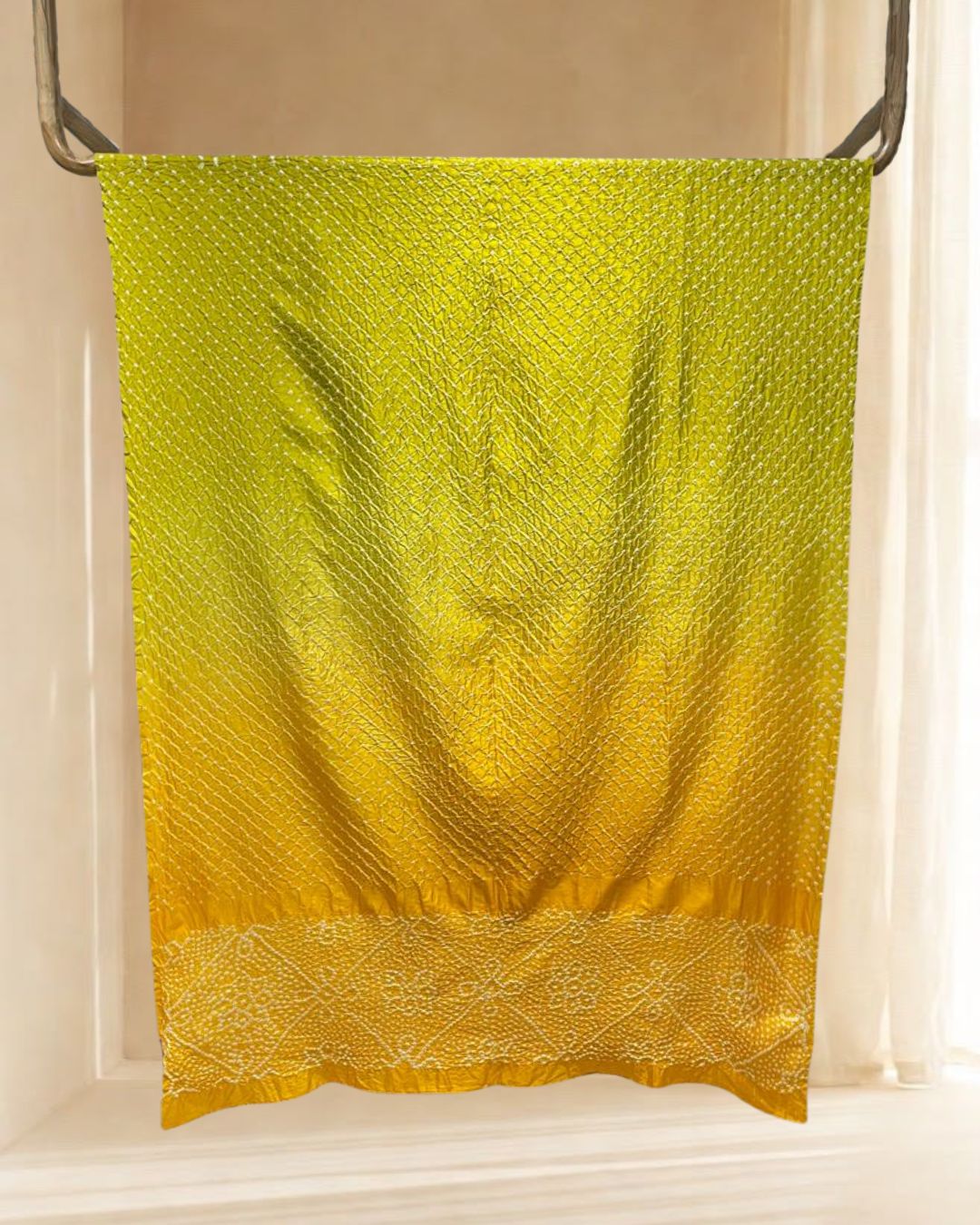 YELLOW BOARDER ALL OVER DOT BANDHANI SILK FABRIC