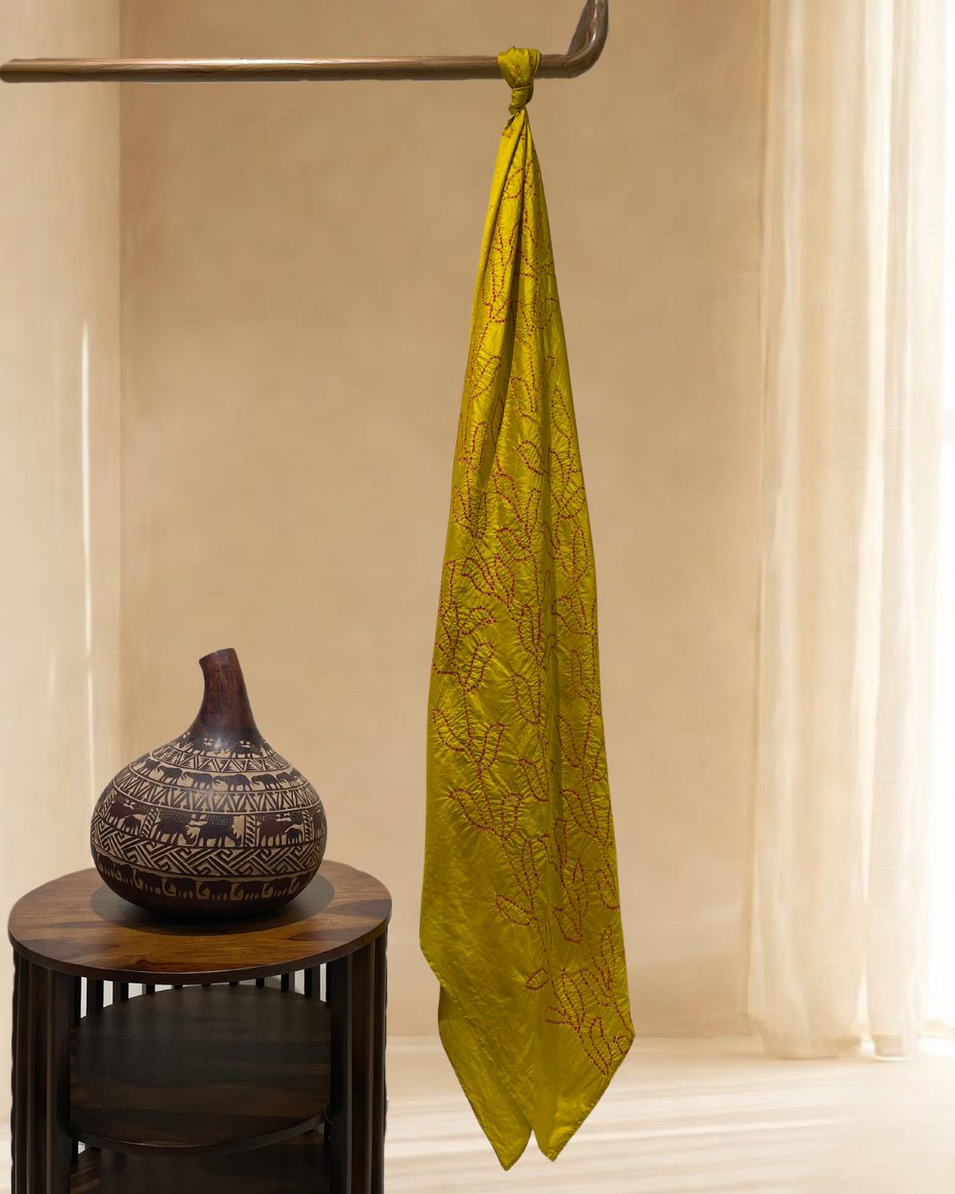 MUSTARD YELLOW CENTRE PANEL LEAF BANDHANI SILK FABRIC