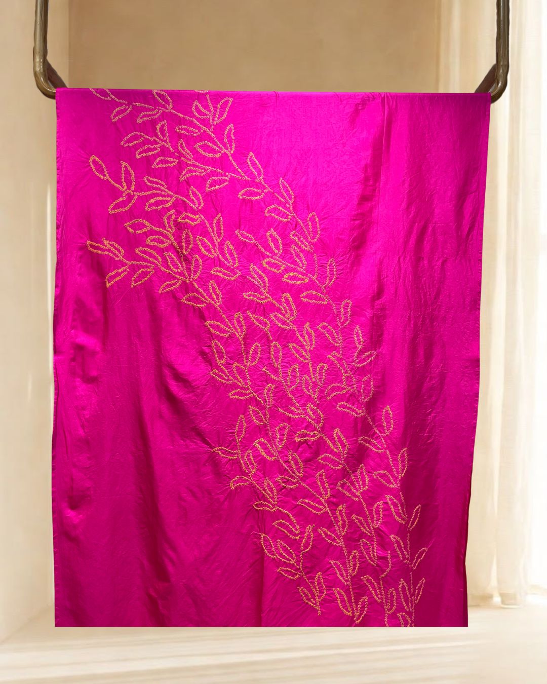 MAGENTA PINK CENTER PANEL LEAF BANDHANI SILK FABRIC
