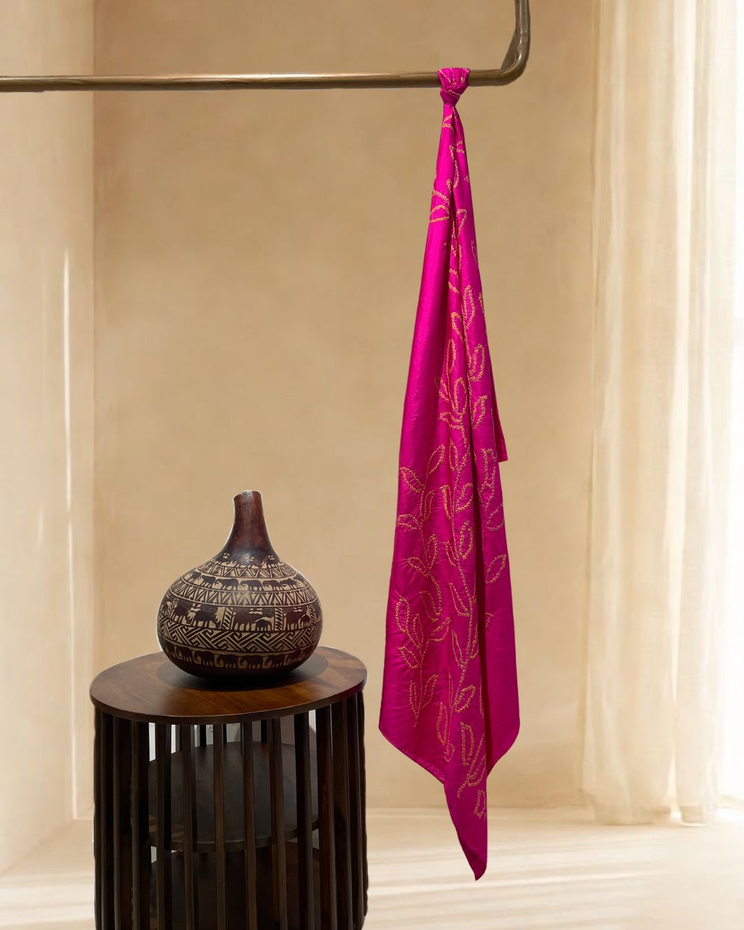 MAGENTA PINK CENTER PANEL LEAF BANDHANI SILK FABRIC