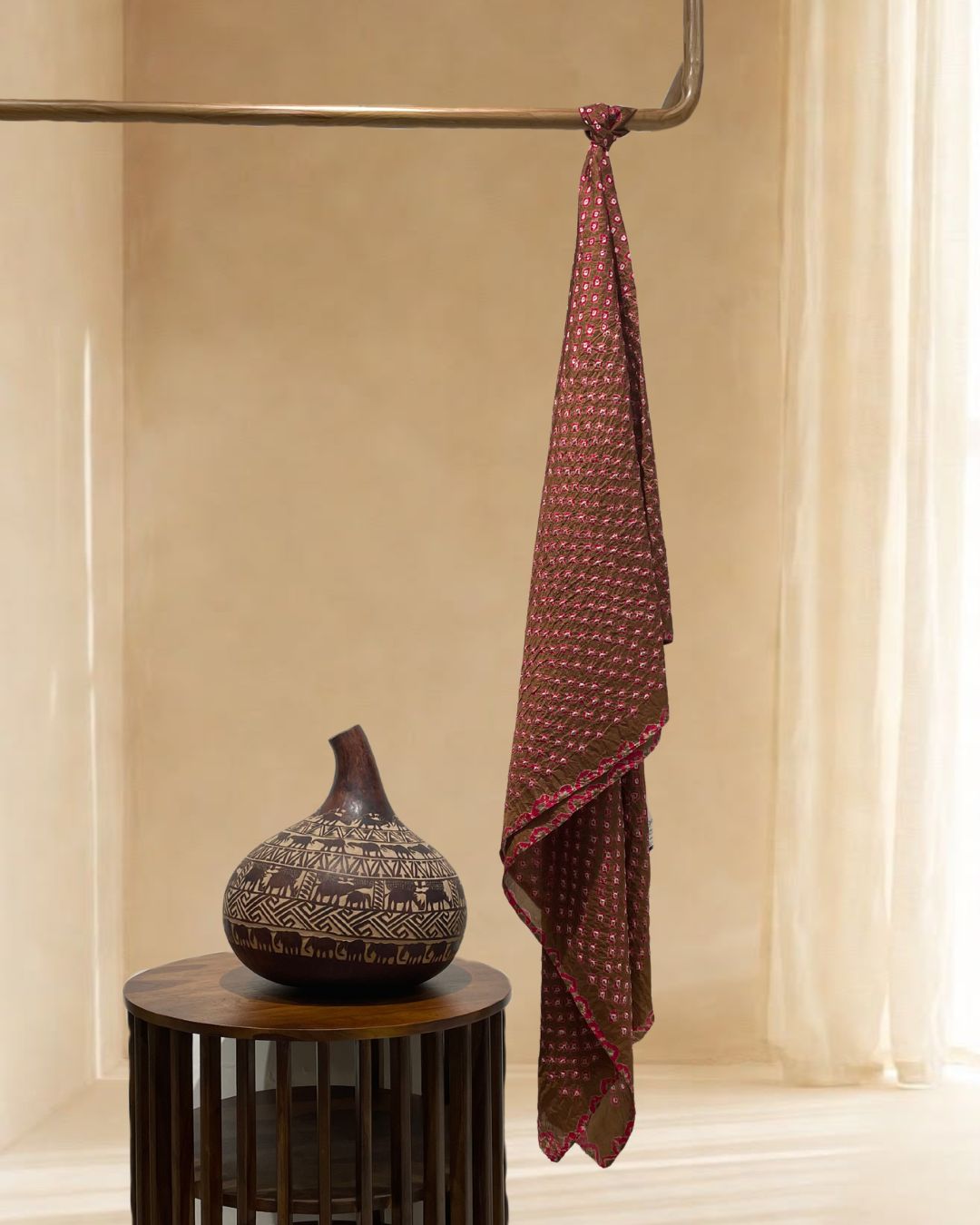 BROWN DOUBLE DOT BANDHANI SILK FABRIC