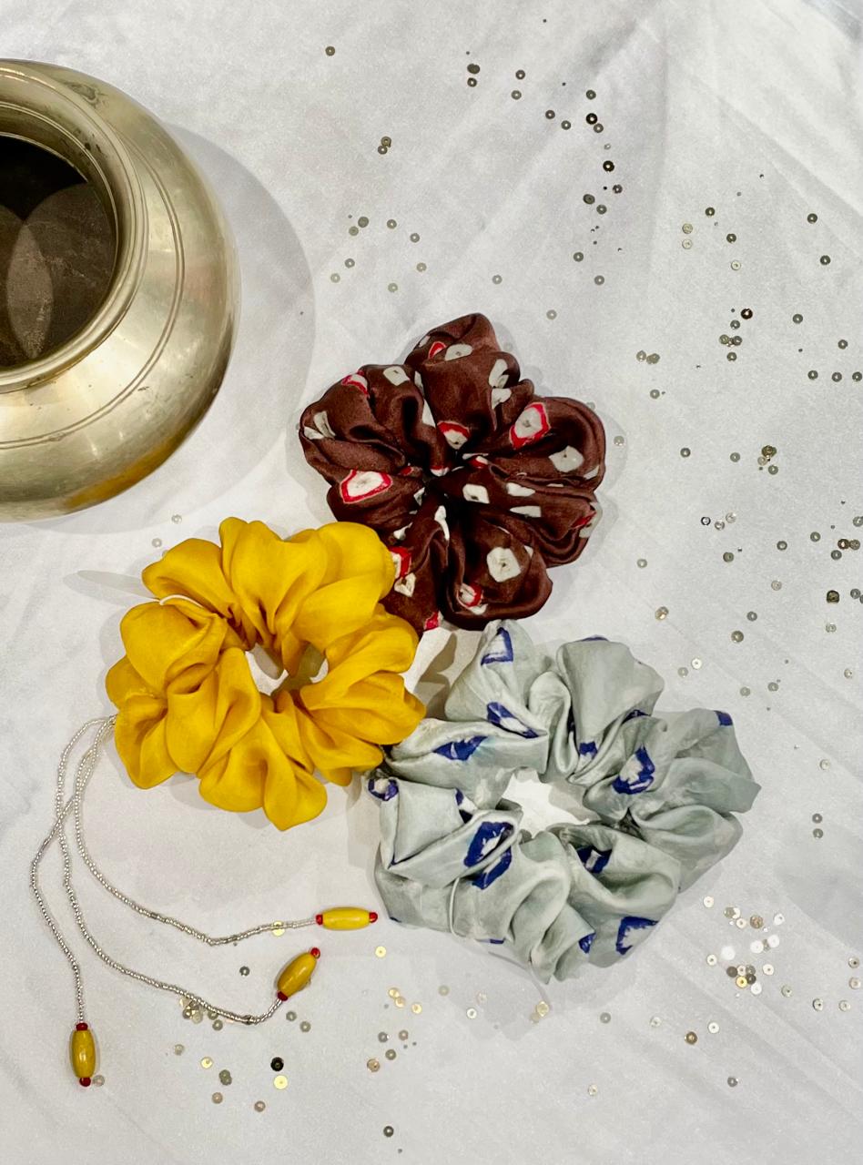 ORGANZA AND SILK SCRUNCHIES COMBO - YELLOW, BROWN AND GREY