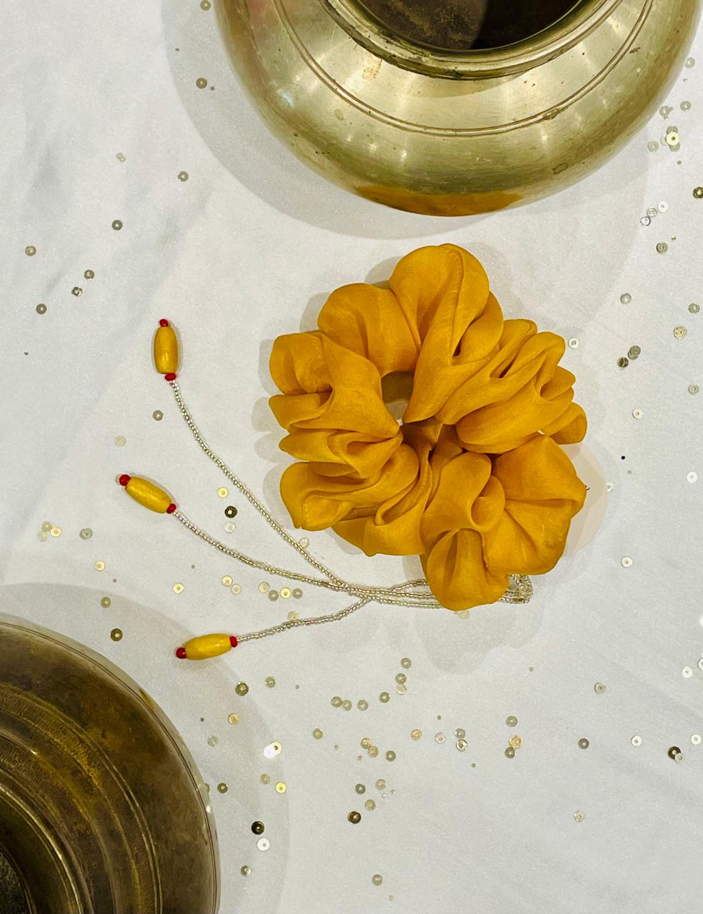 ORGANZA AND SILK SCRUNCHIES COMBO - YELLOW, BROWN AND GREY