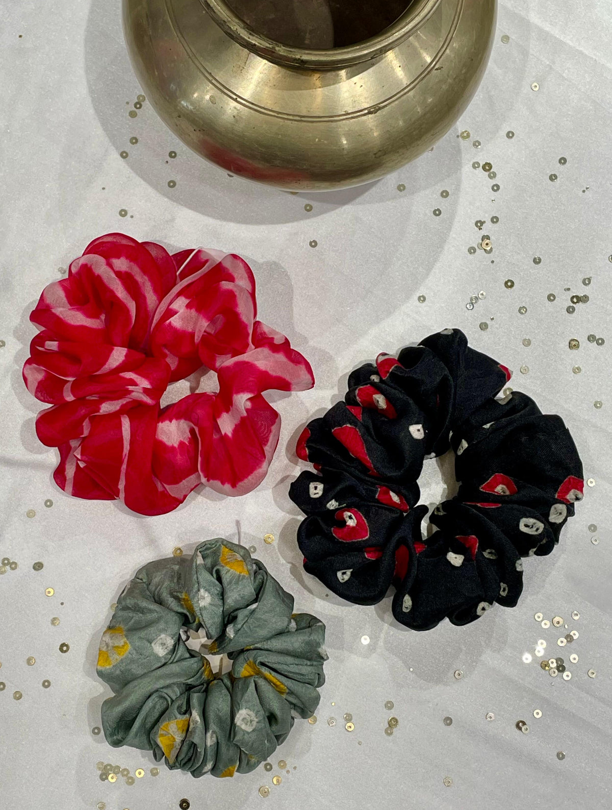 SILK SCRUNCHIES COMBO - RED, BLUE AND GREY