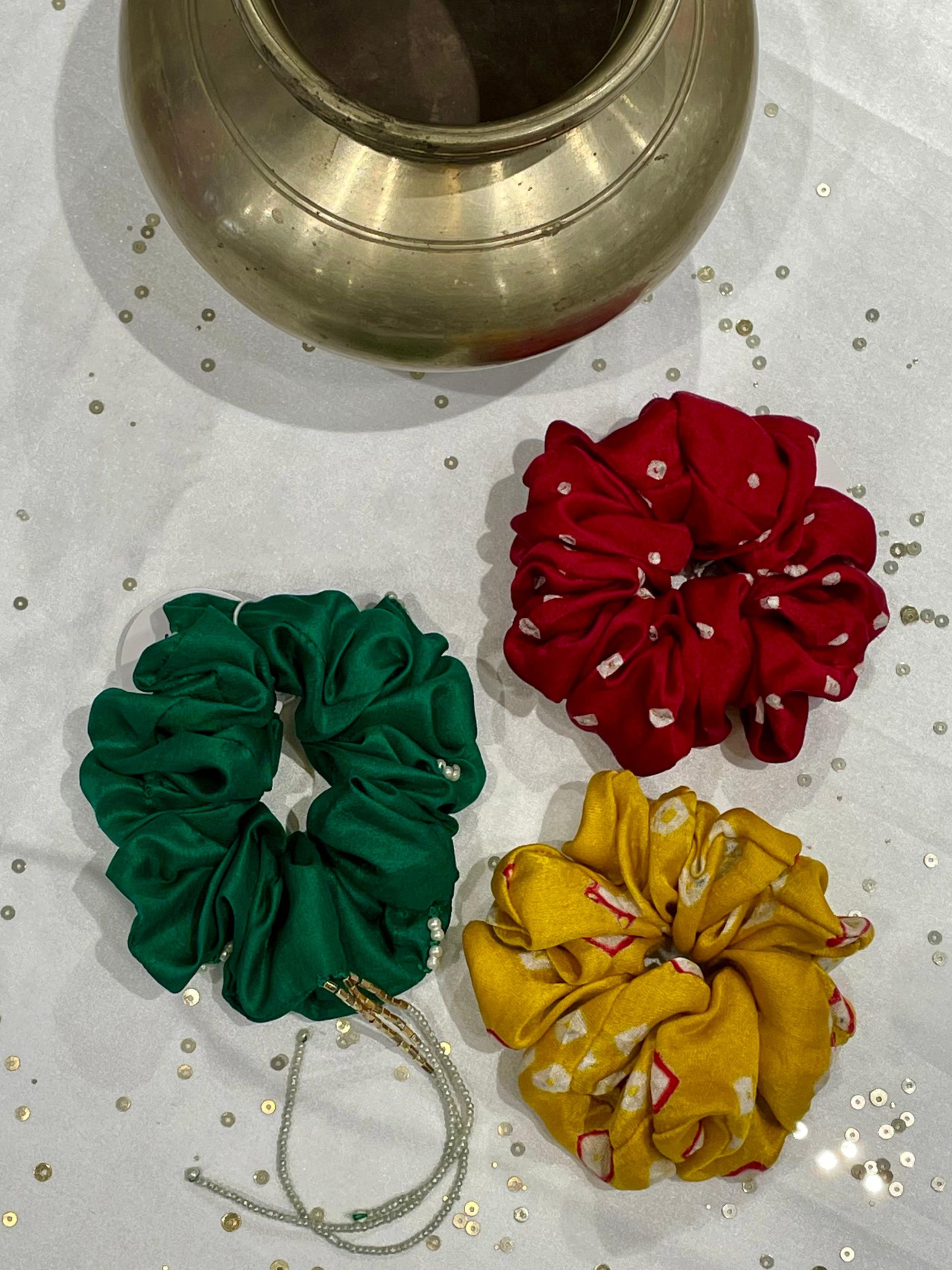 SILK SCRUNCHIES COMBO - RED, YELLOW AND GREEN