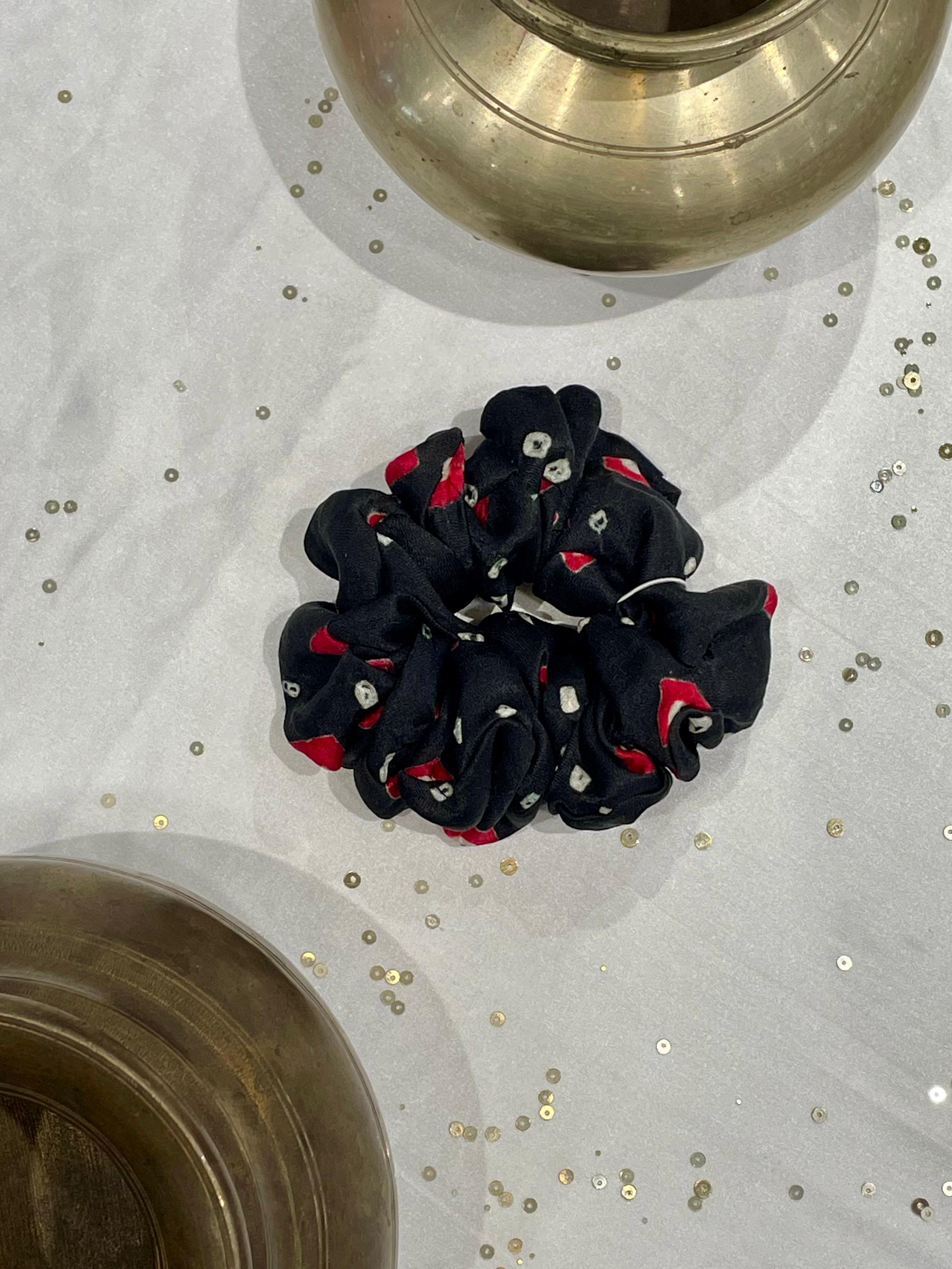 SILK SCRUNCHIES COMBO - RED, BLUE AND GREY