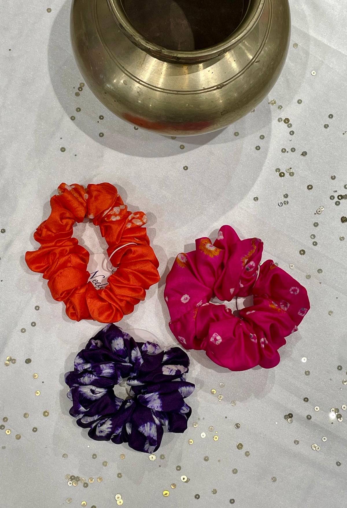 SILK SCRUNCHIES COMBO - ORANGE, PINK AND PURPLE