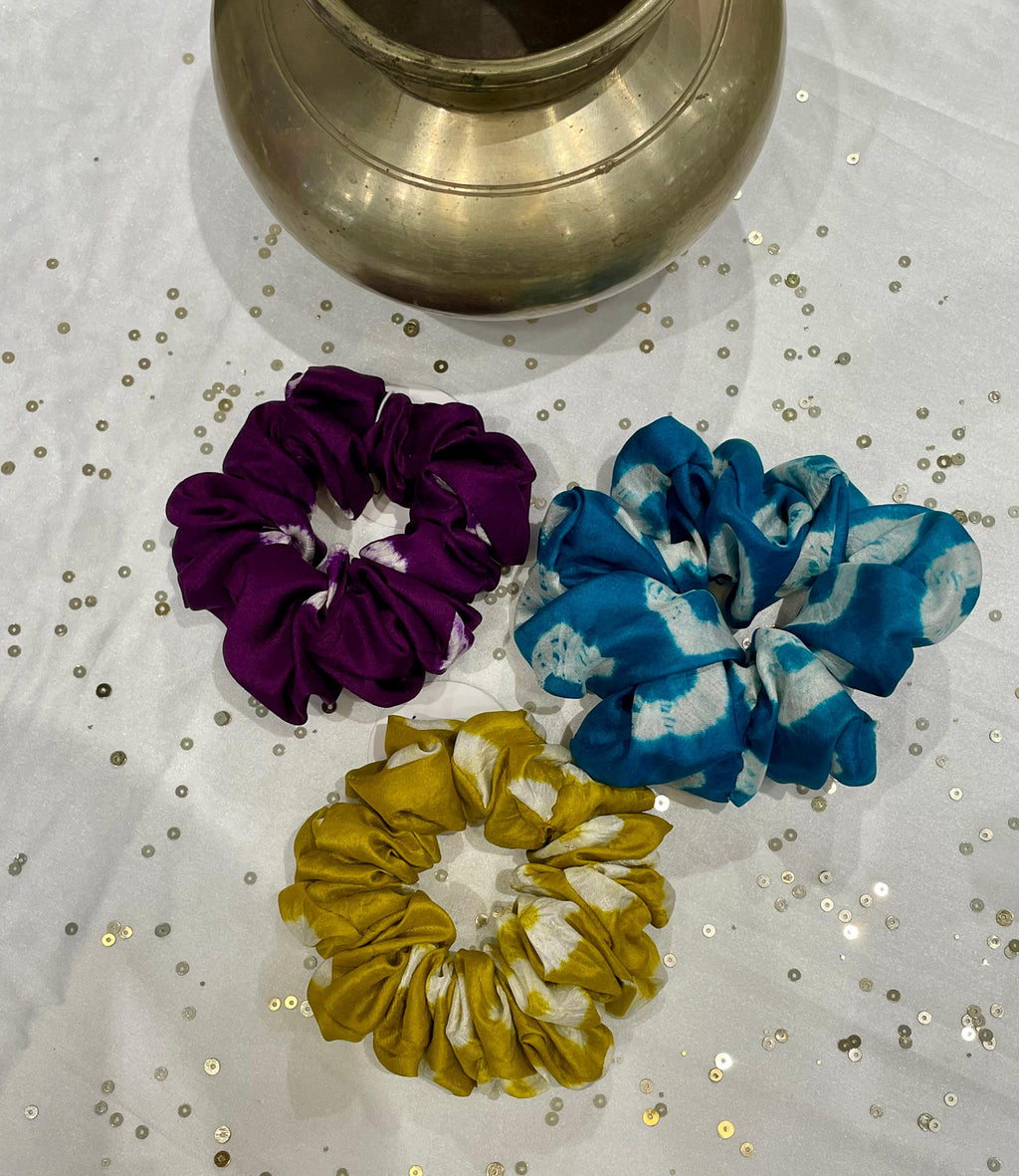 SILK SCRUNCHIES COMBO - LIGHT BLUE, MUSTARD YELLOW AND PURPLE