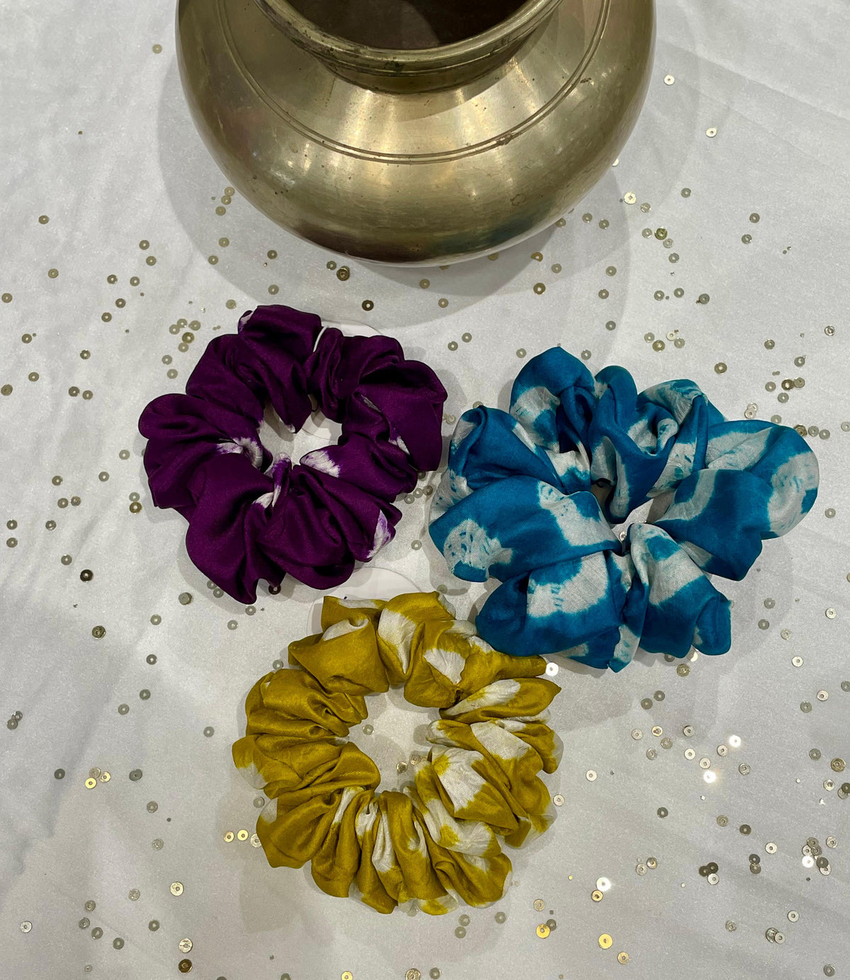 SILK SCRUNCHIES COMBO - LIGHT BLUE, MUSTARD YELLOW AND PURPLE