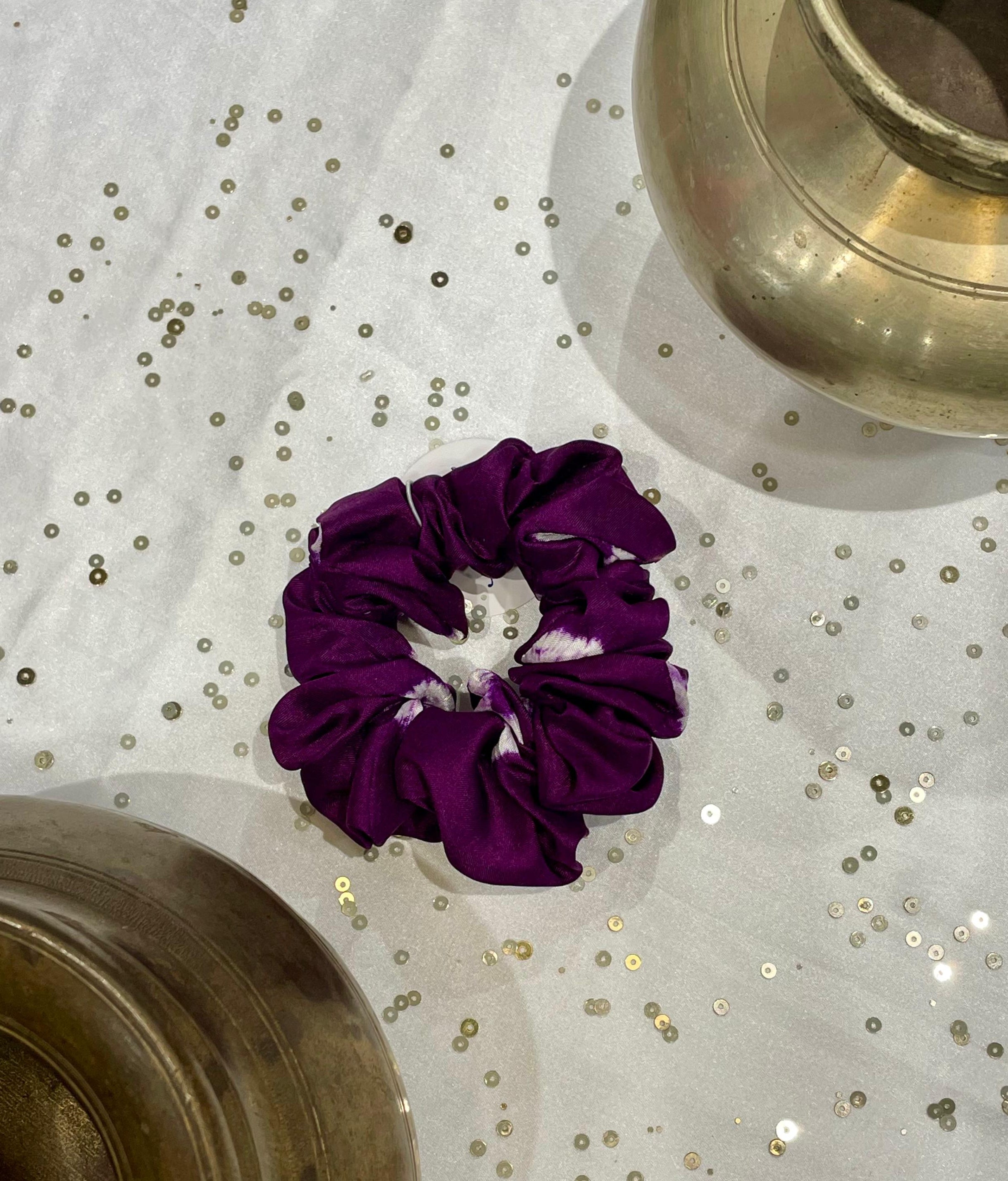 SILK SCRUNCHIES COMBO - LIGHT BLUE, MUSTARD YELLOW AND PURPLE
