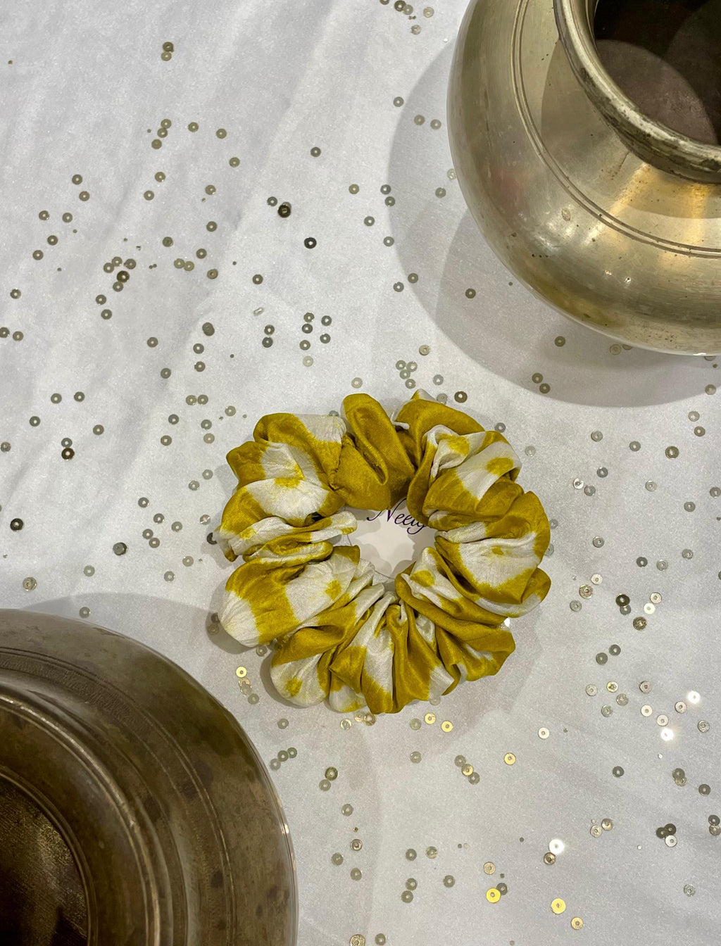 SILK SCRUNCHIES COMBO - LIGHT BLUE, MUSTARD YELLOW AND PURPLE