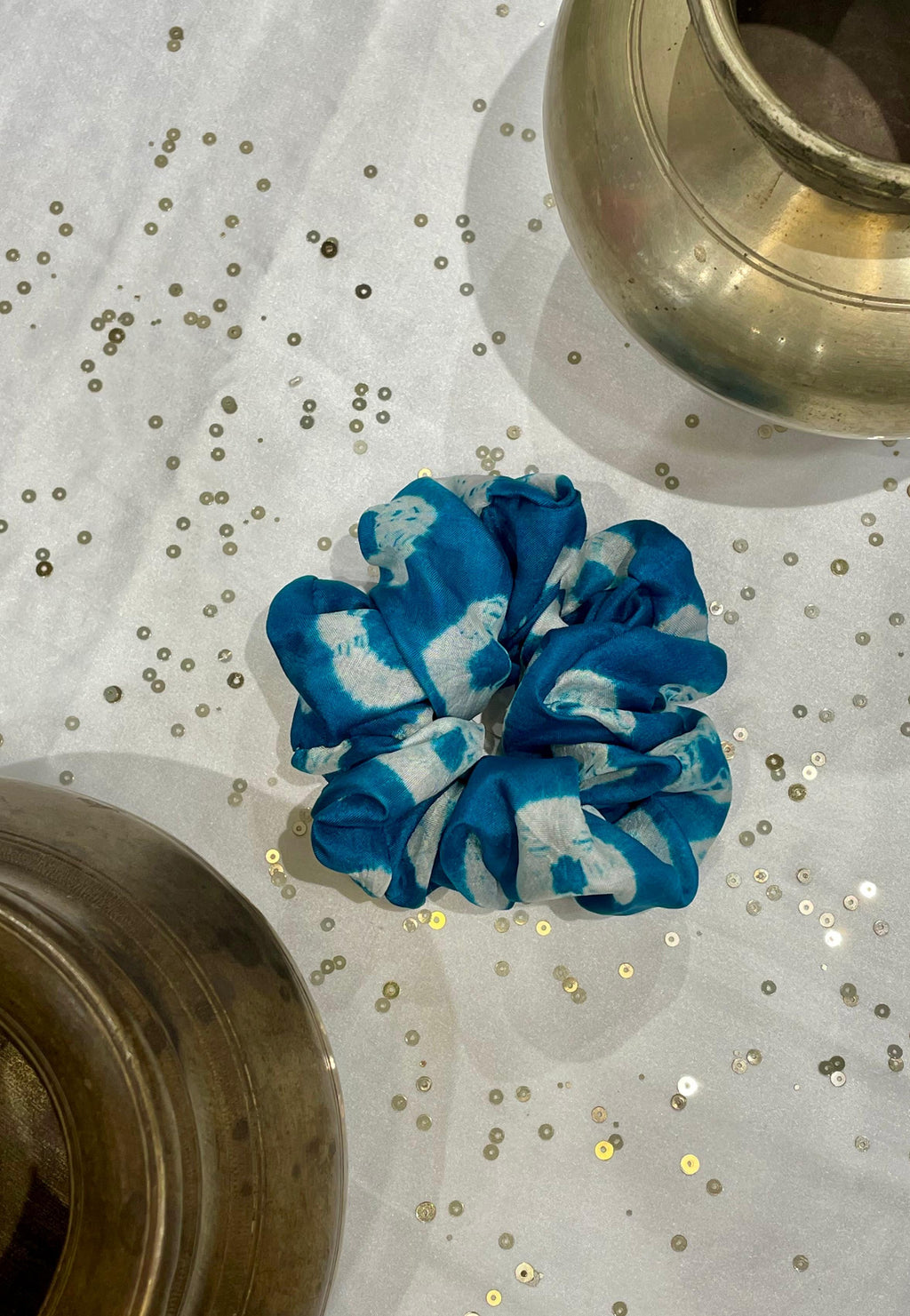 SILK SCRUNCHIES COMBO - LIGHT BLUE, MUSTARD YELLOW AND PURPLE