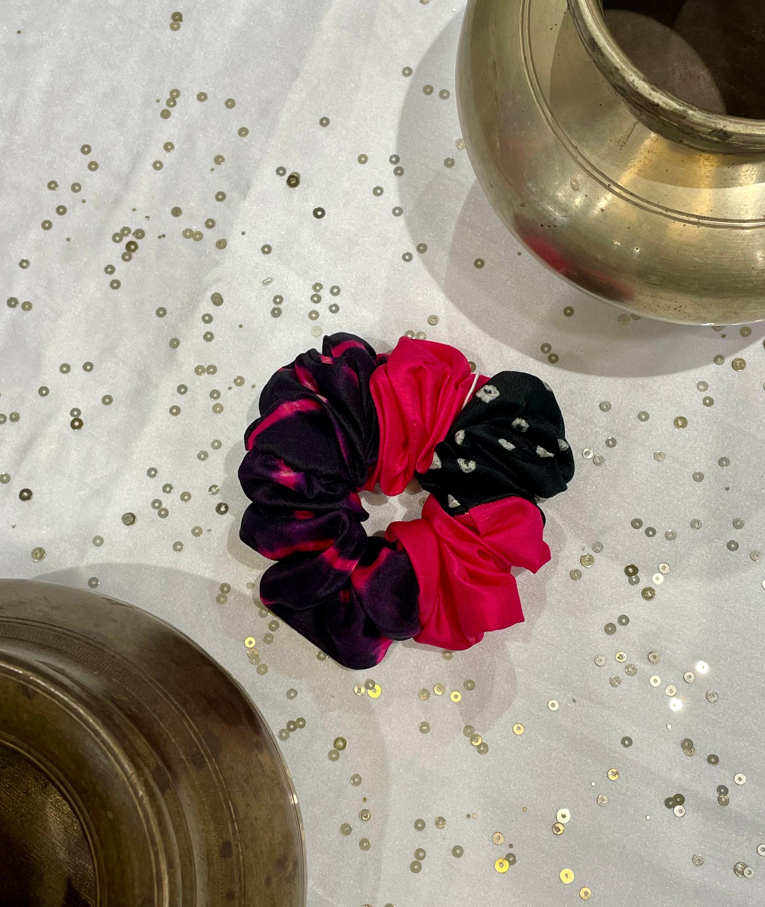 SILK SCRUNCHIES COMBO - YELLOW, RED AND BLACK