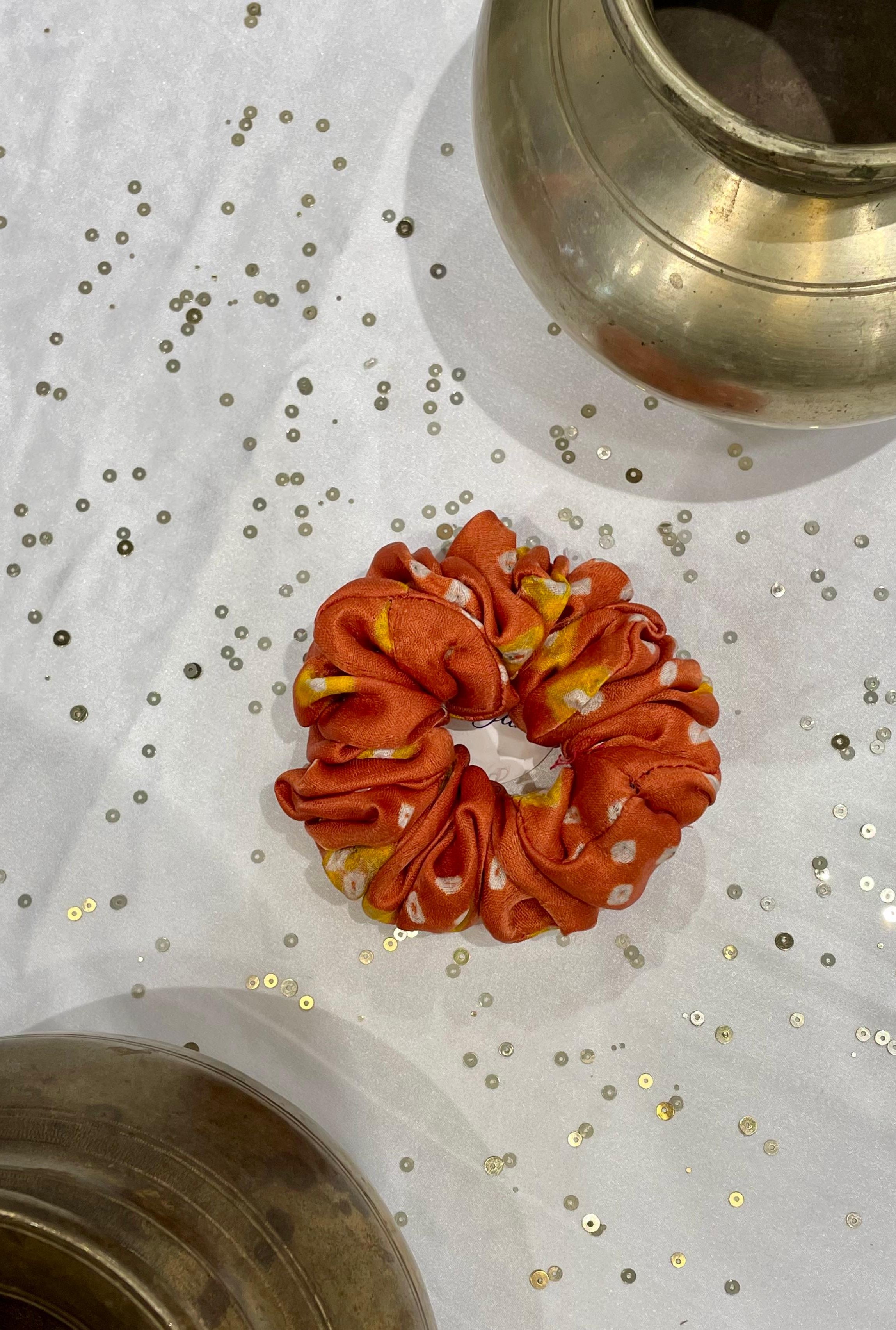 SILK SCRUNCHIES COMBO - RED, ORANGE AND BROWN