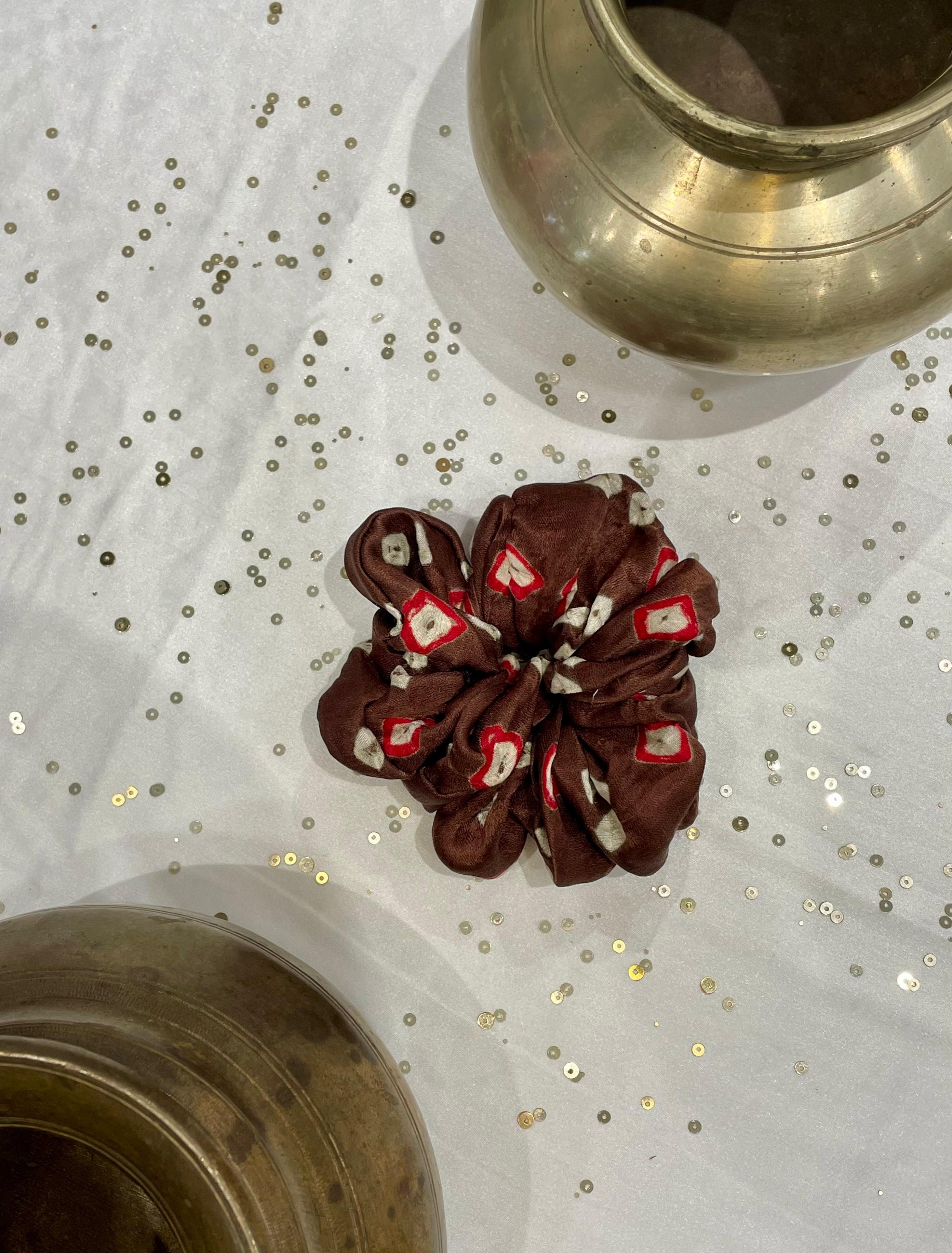 SILK SCRUNCHIES COMBO - RED, ORANGE AND BROWN
