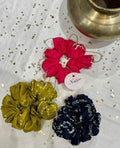SILK SCRUNCHIES COMBO - PINK, GREEN, BLUE