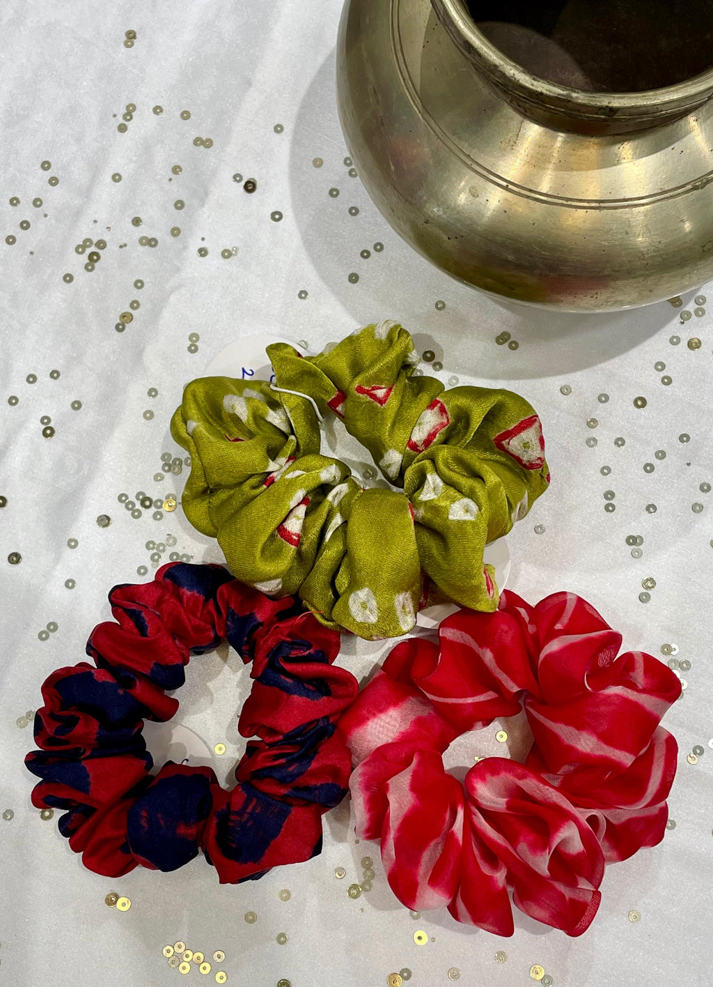 SILK AND ORGANZA SCRUNCHIES COMBO - MUSTARD YELLOW, RED AND RED-BLUE