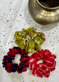 SILK AND ORGANZA SCRUNCHIES COMBO - MUSTARD YELLOW, RED AND RED-BLUE