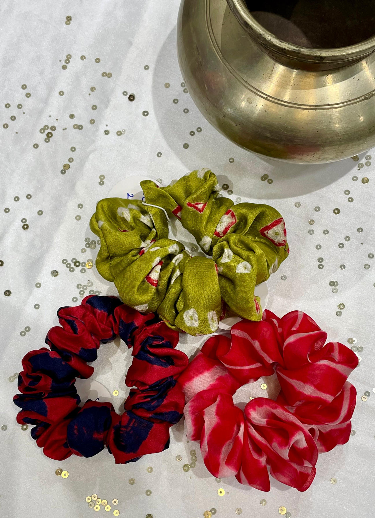 SILK AND ORGANZA SCRUNCHIES COMBO - MUSTARD YELLOW, RED AND RED-BLUE