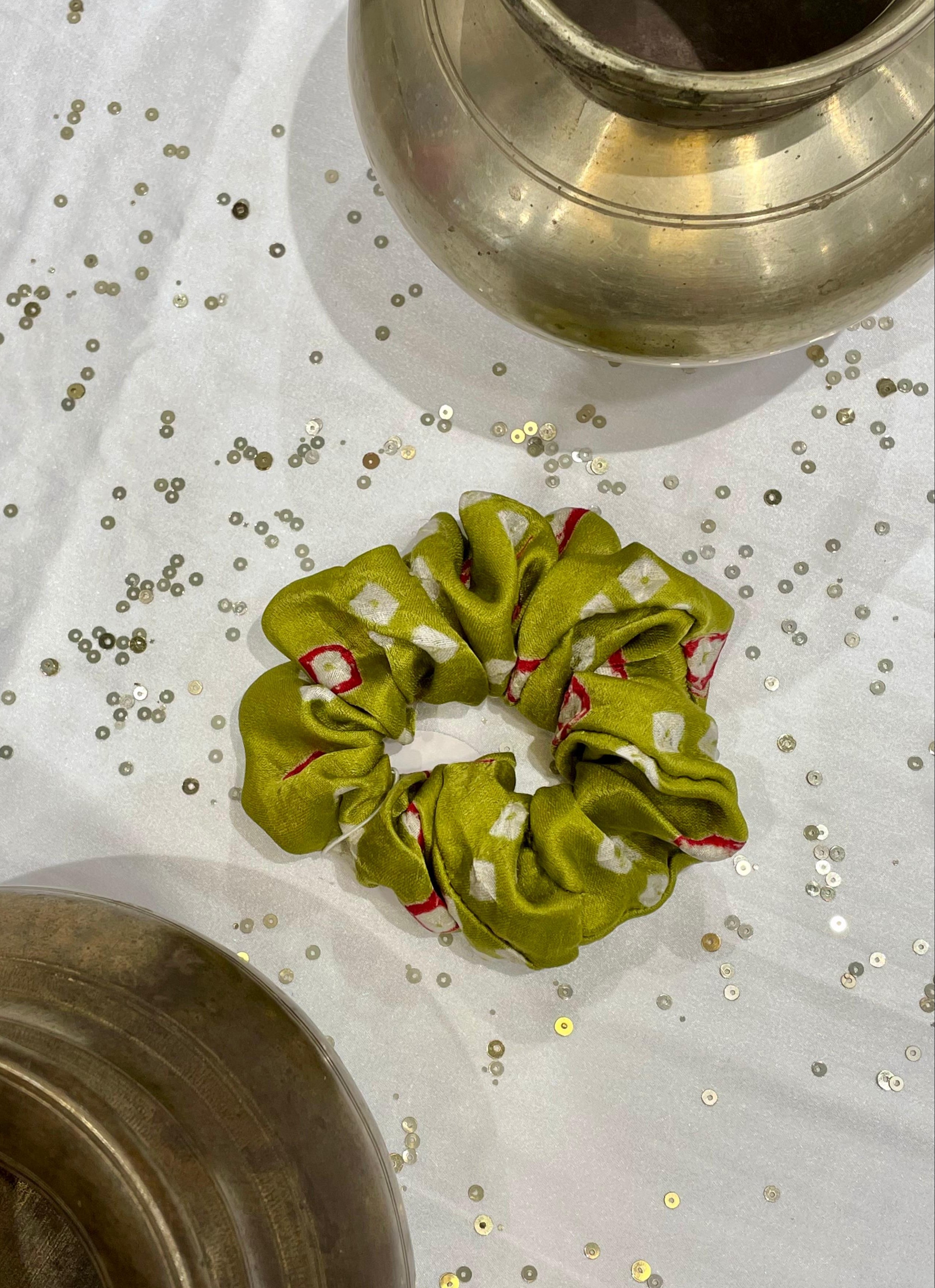 SILK AND ORGANZA SCRUNCHIES COMBO - MUSTARD YELLOW, RED AND RED-BLUE