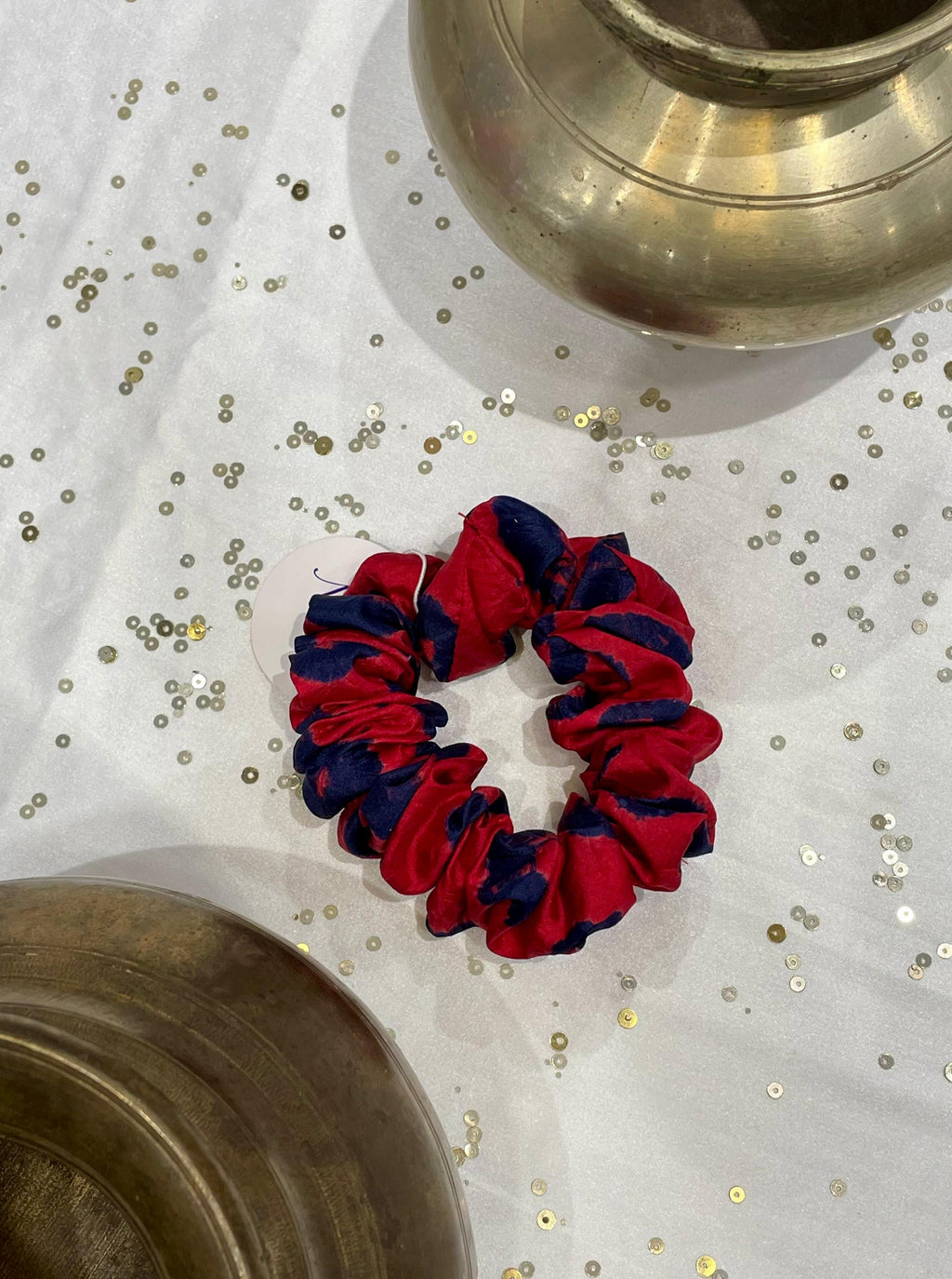 SILK AND ORGANZA SCRUNCHIES COMBO - MUSTARD YELLOW, RED AND RED-BLUE