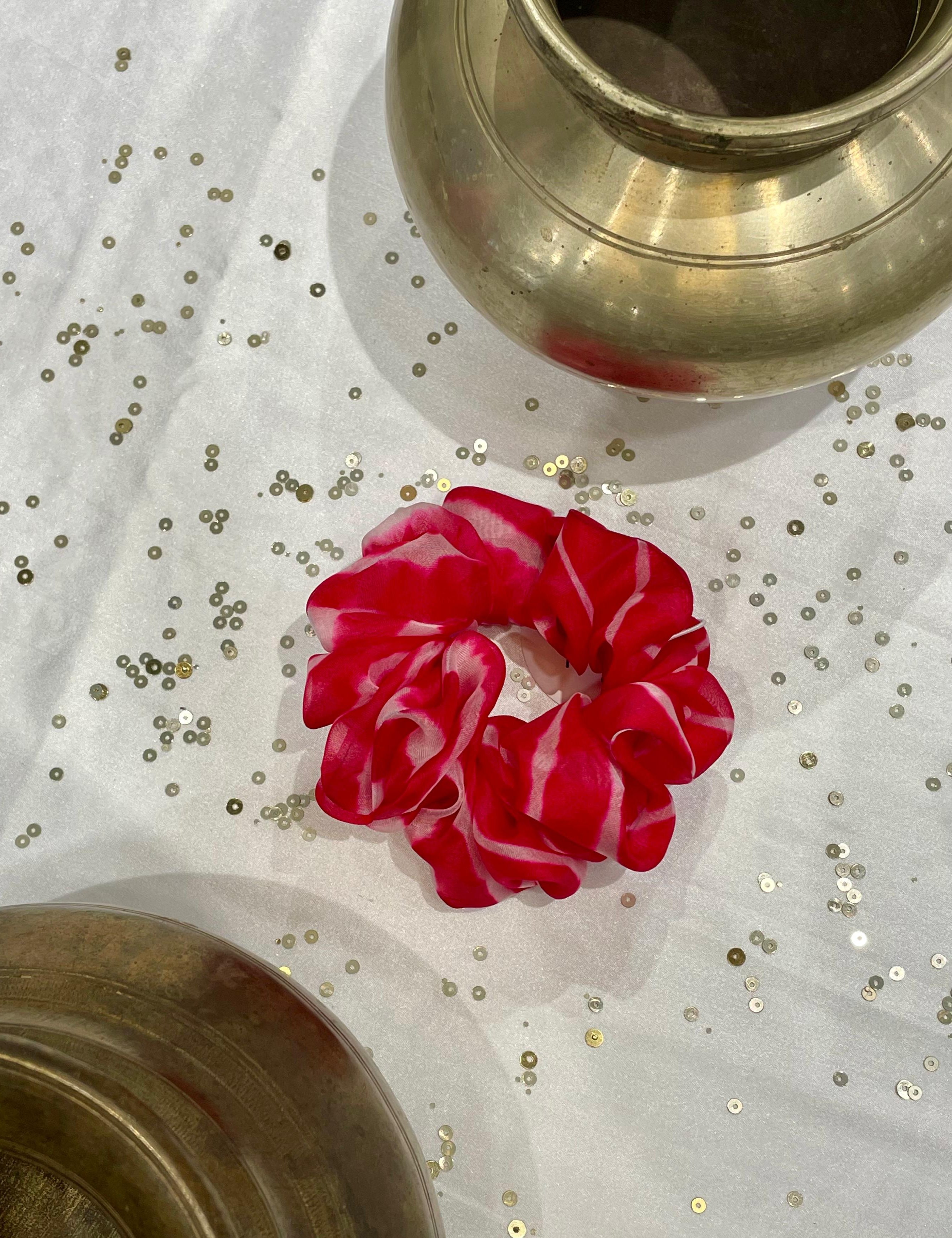 SILK AND ORGANZA SCRUNCHIES COMBO - MUSTARD YELLOW, RED AND RED-BLUE