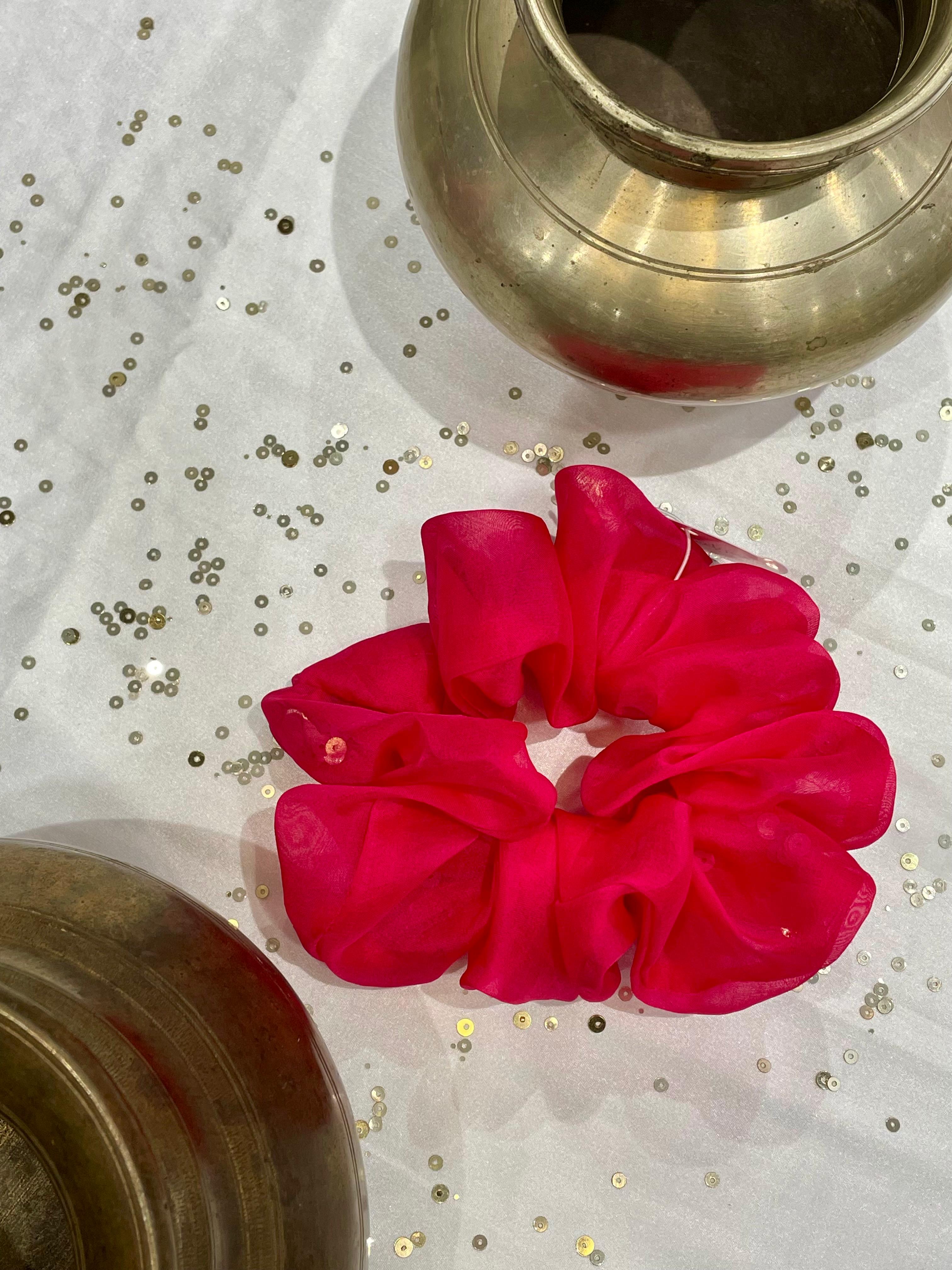 SILK AND ORGANZA SCRUNCHIES COMBO - PINK, LIGHT PINK AND BLACK-PINK