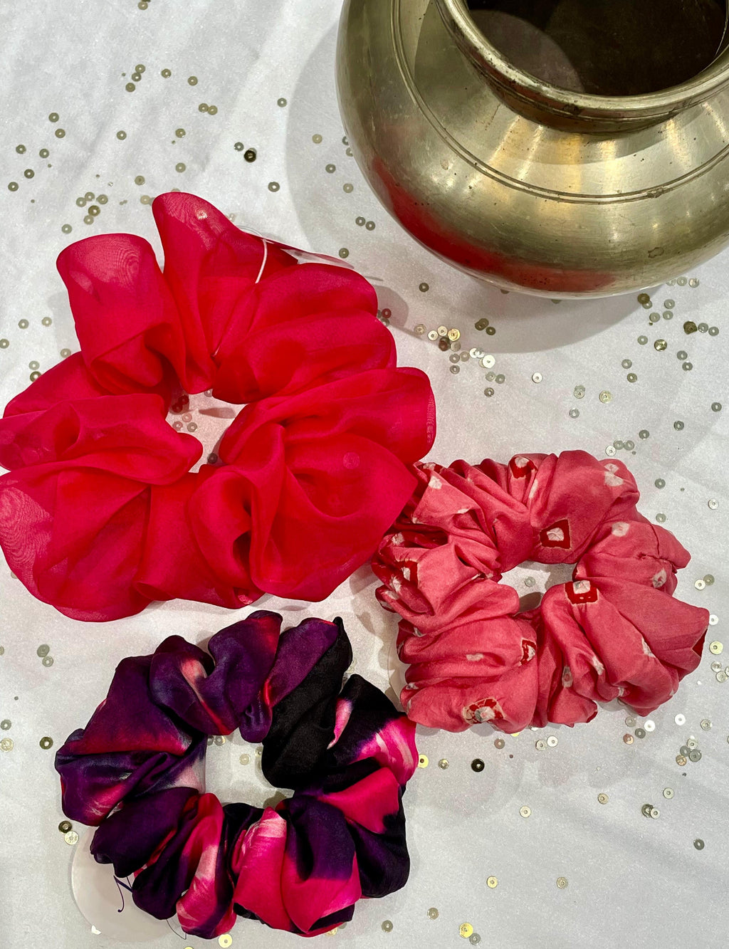 SILK AND ORGANZA SCRUNCHIES COMBO - PINK, LIGHT PINK AND BLACK-PINK