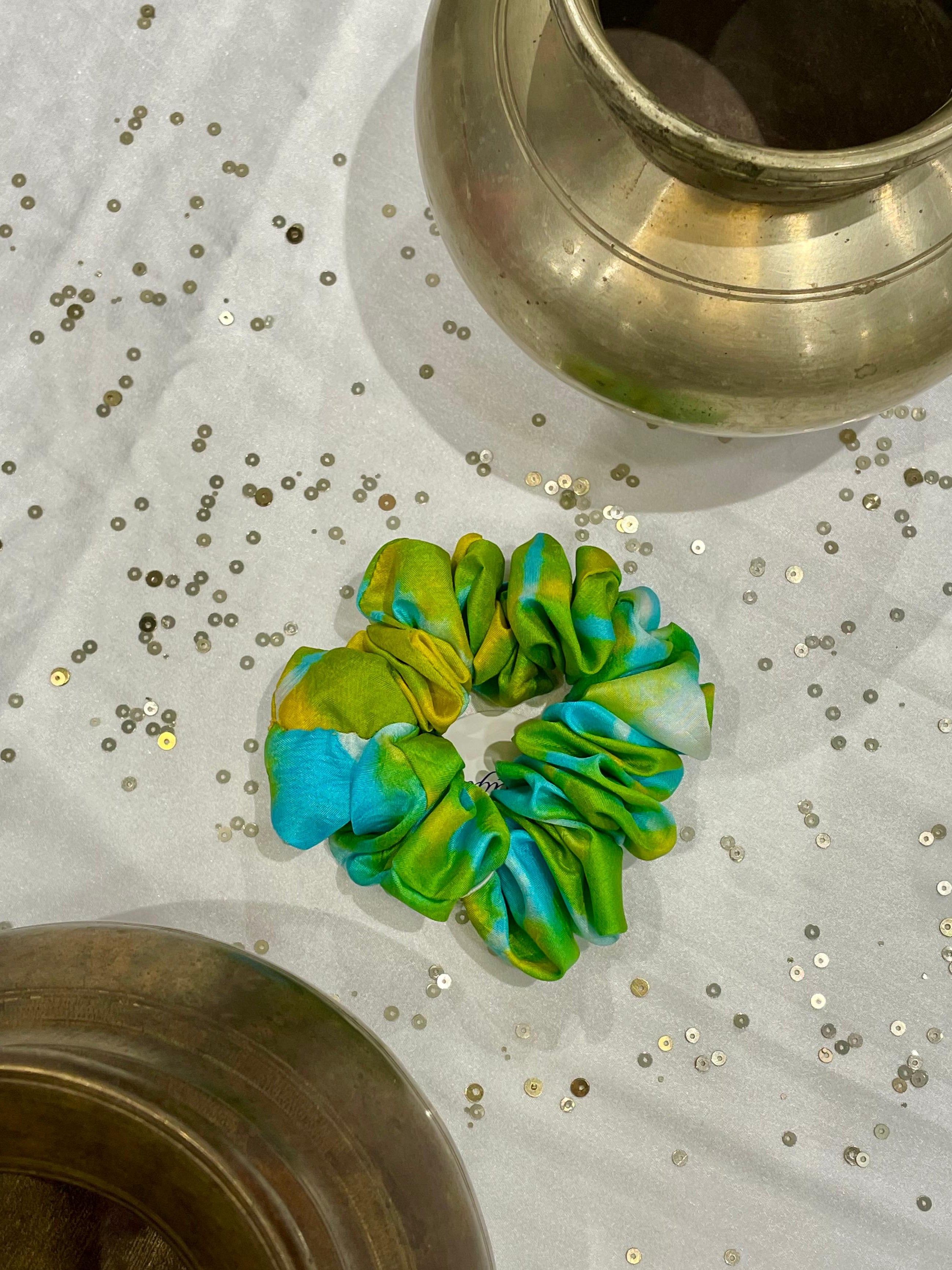 SILK SCRUNCHIES COMBO - PINK, YELLOW-GREEN AND BLACK