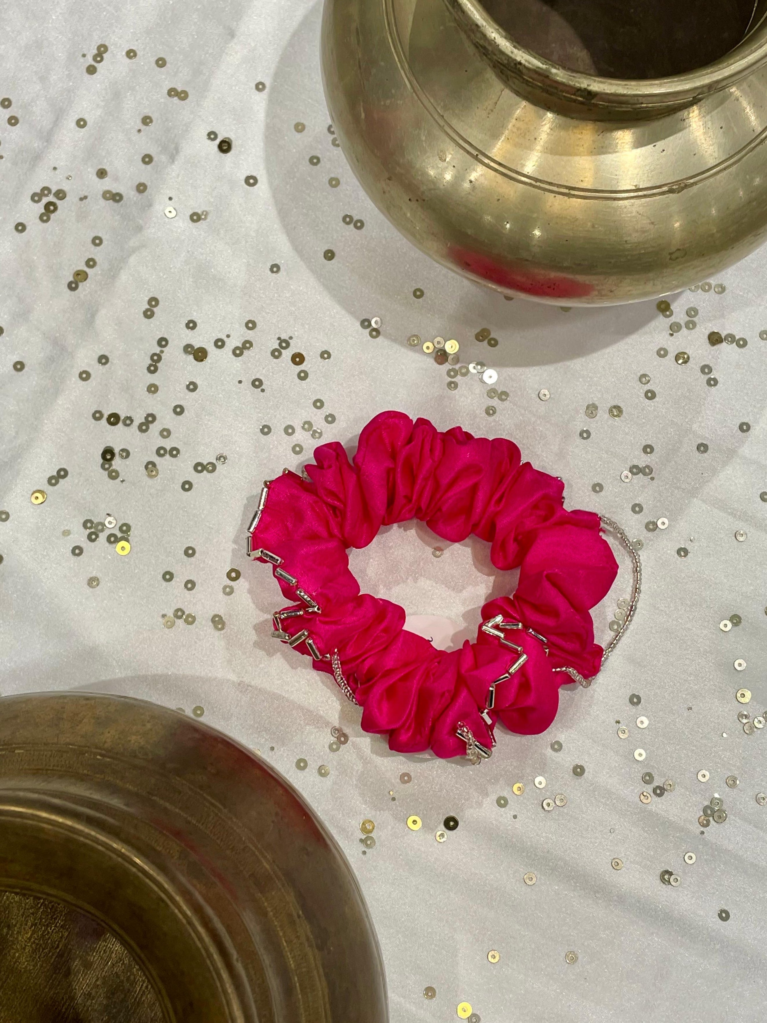 SILK SCRUNCHIES COMBO - PINK, YELLOW-GREEN AND BLACK