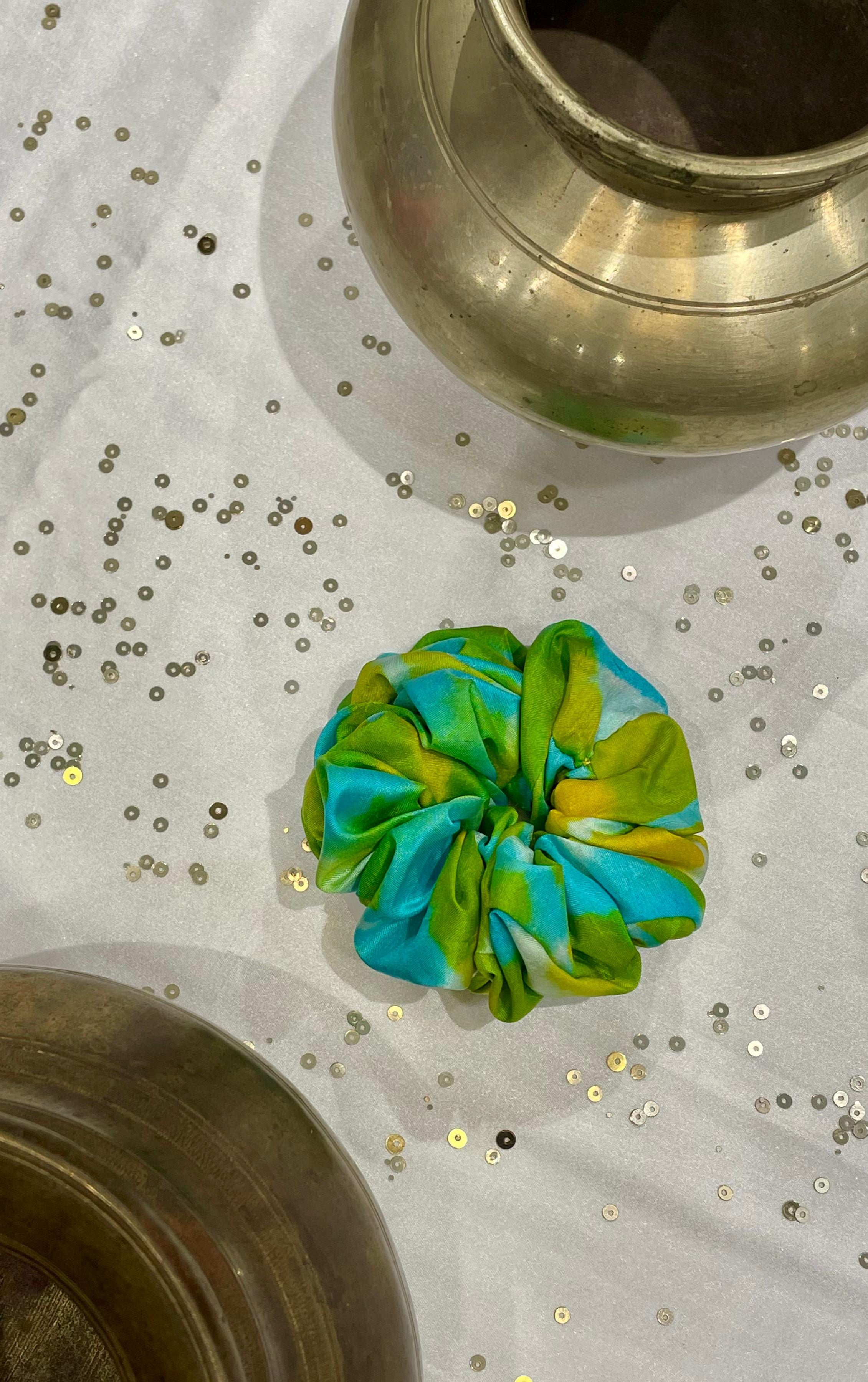 SILK AND ORGANZA SILK SCRUNCHIES - YELLOW, LIGHT BLUE, YELLOW-GREEN