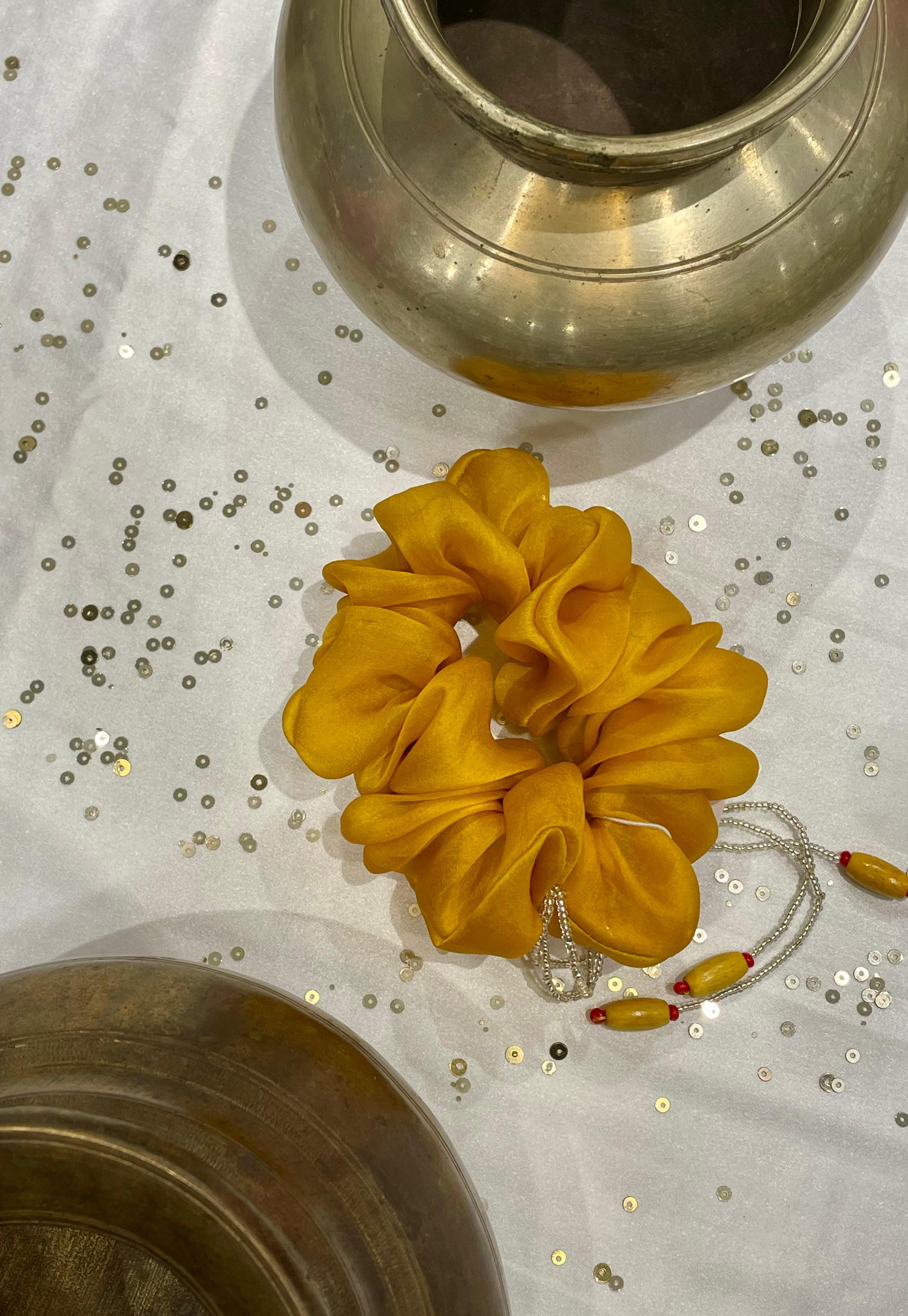 SILK AND ORGANZA SILK SCRUNCHIES - YELLOW, LIGHT BLUE, YELLOW-GREEN