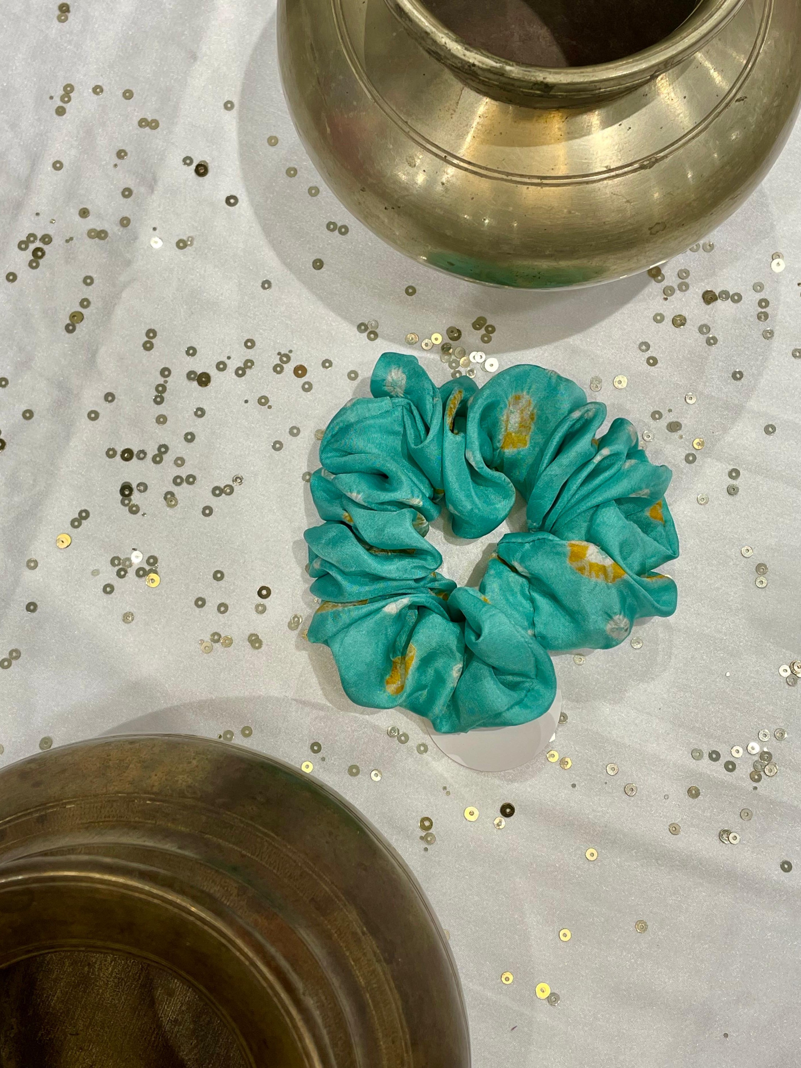 SILK AND ORGANZA SILK SCRUNCHIES - YELLOW, LIGHT BLUE, YELLOW-GREEN
