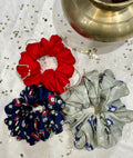 SILK SCRUNCHIES COMBO - RED, BLUE AND GREY