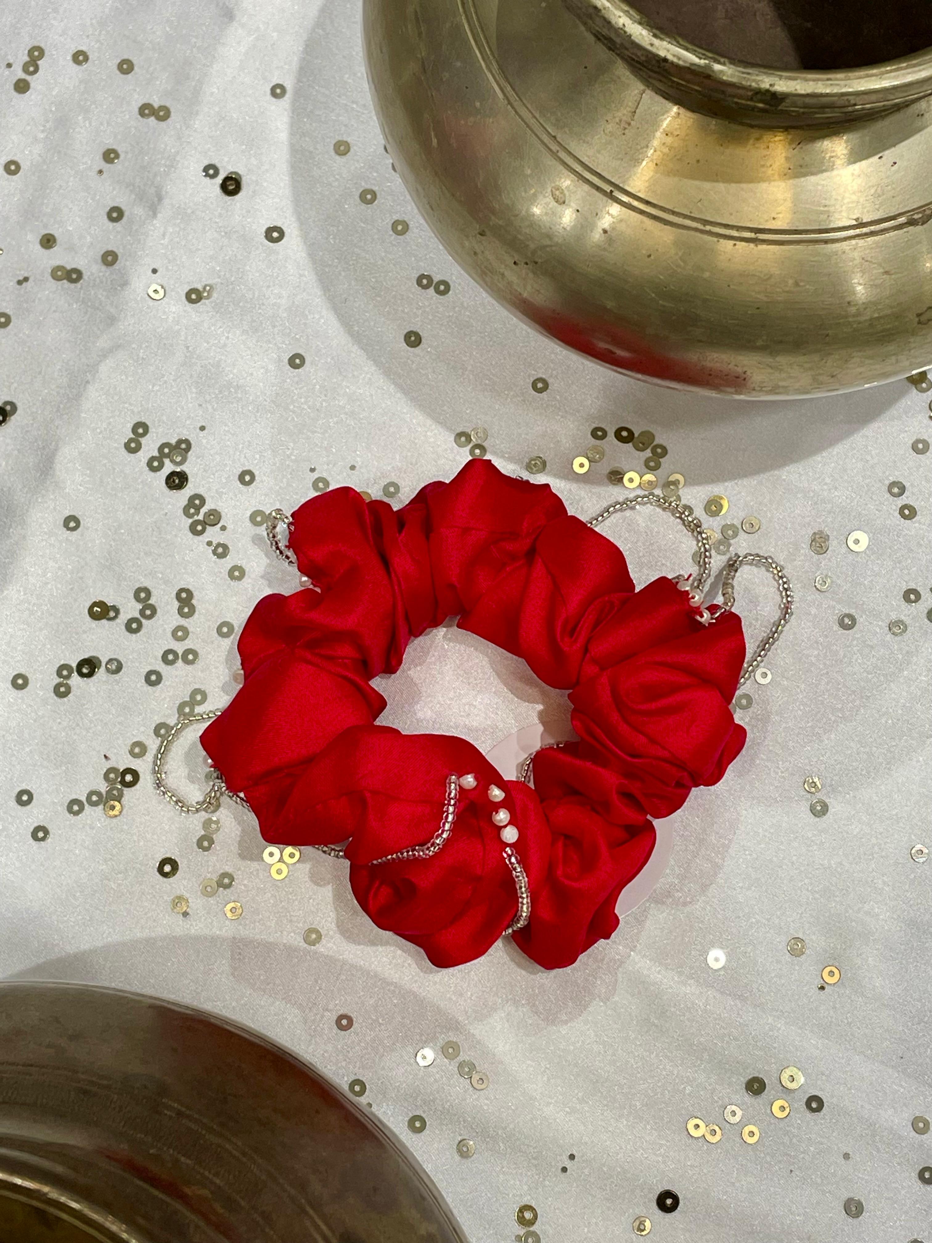 SILK SCRUNCHIES COMBO - RED, BLUE AND GREY