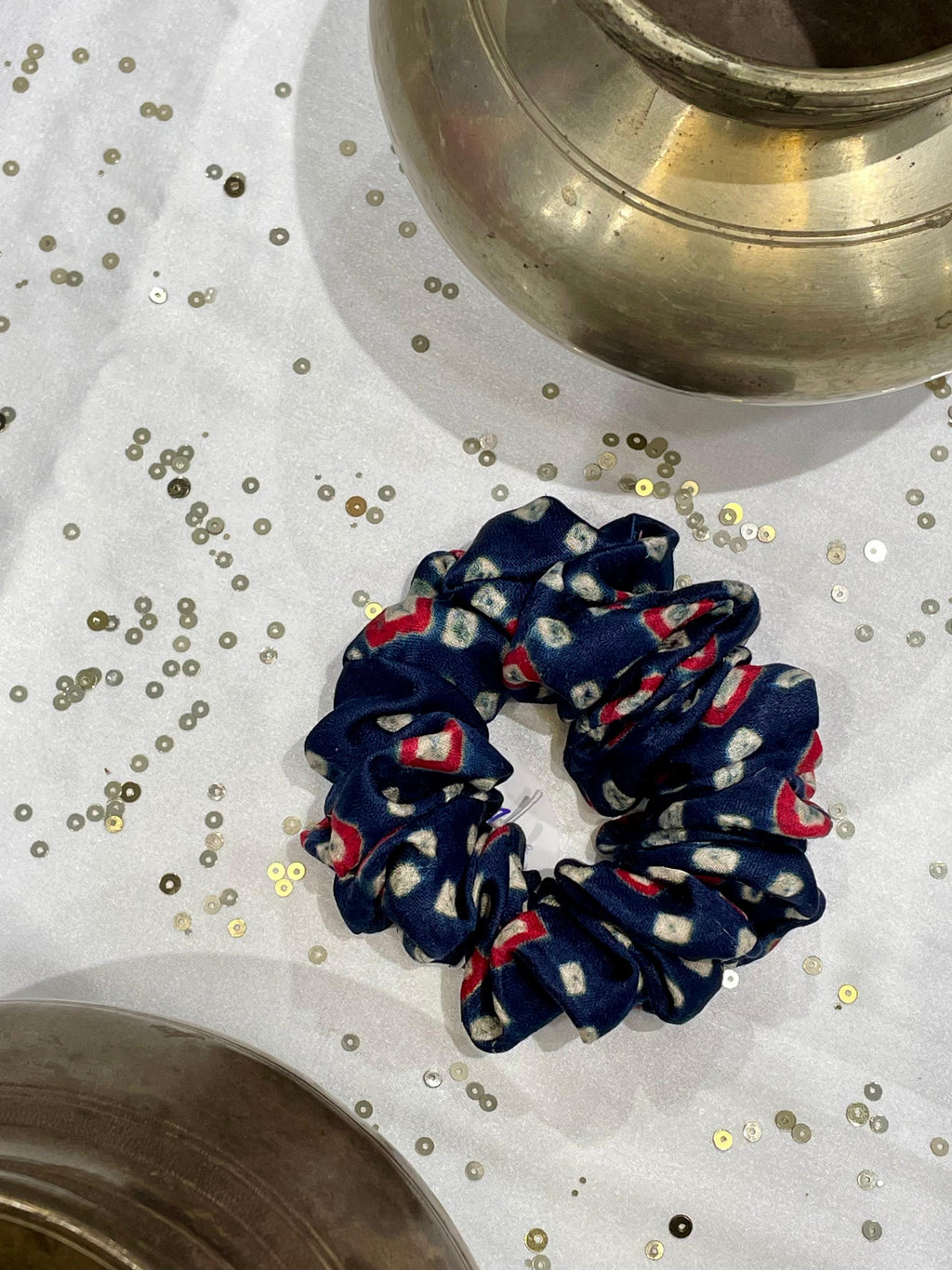SILK SCRUNCHIES COMBO - RED, BLUE AND GREY
