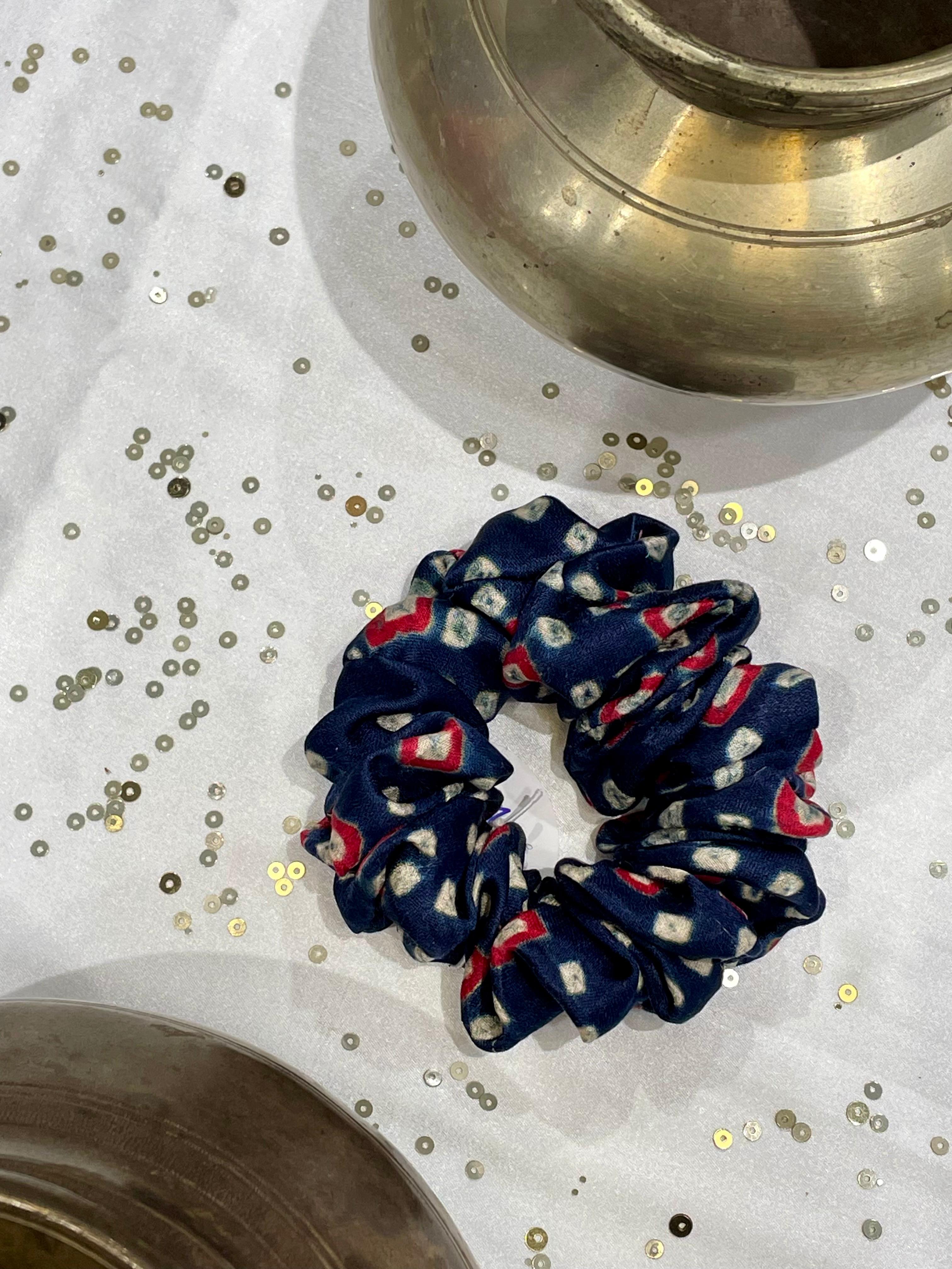 SILK SCRUNCHIES COMBO - RED, BLUE AND GREY
