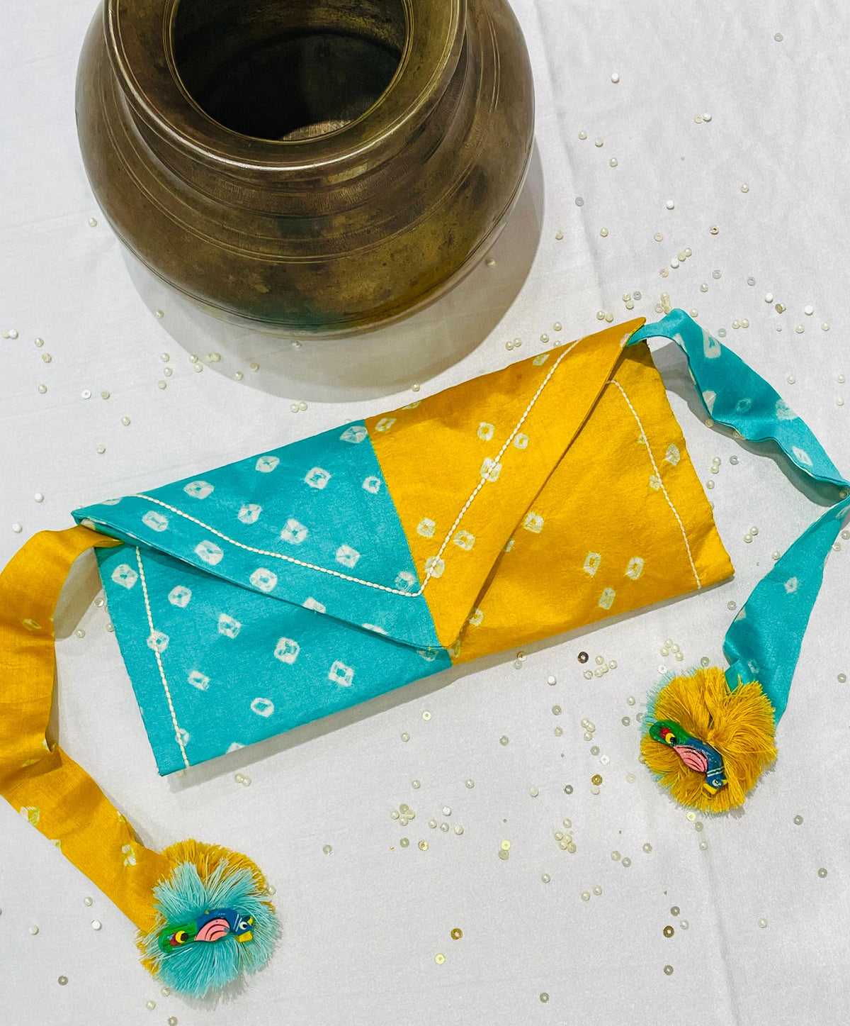 LIGHT BLUE - YELLOW SILK WAIST BAG WITH HANDMADE TASSELS